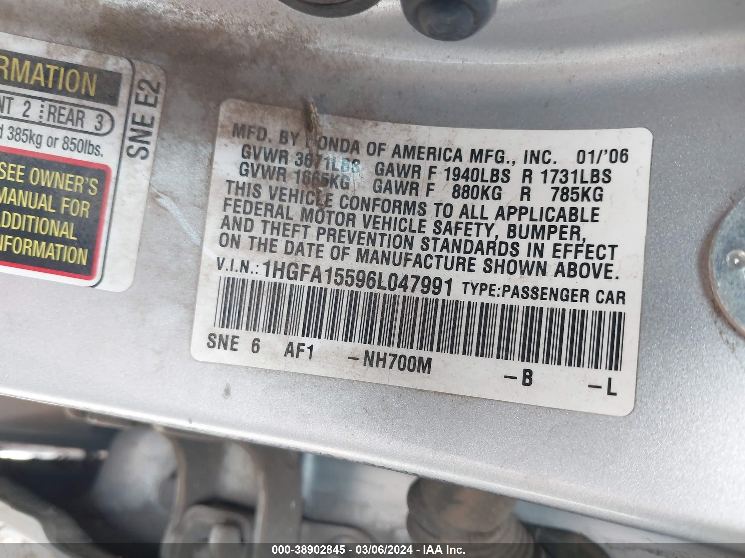 Photo 8 VIN: 1HGFA15596L047991 - HONDA CIVIC 