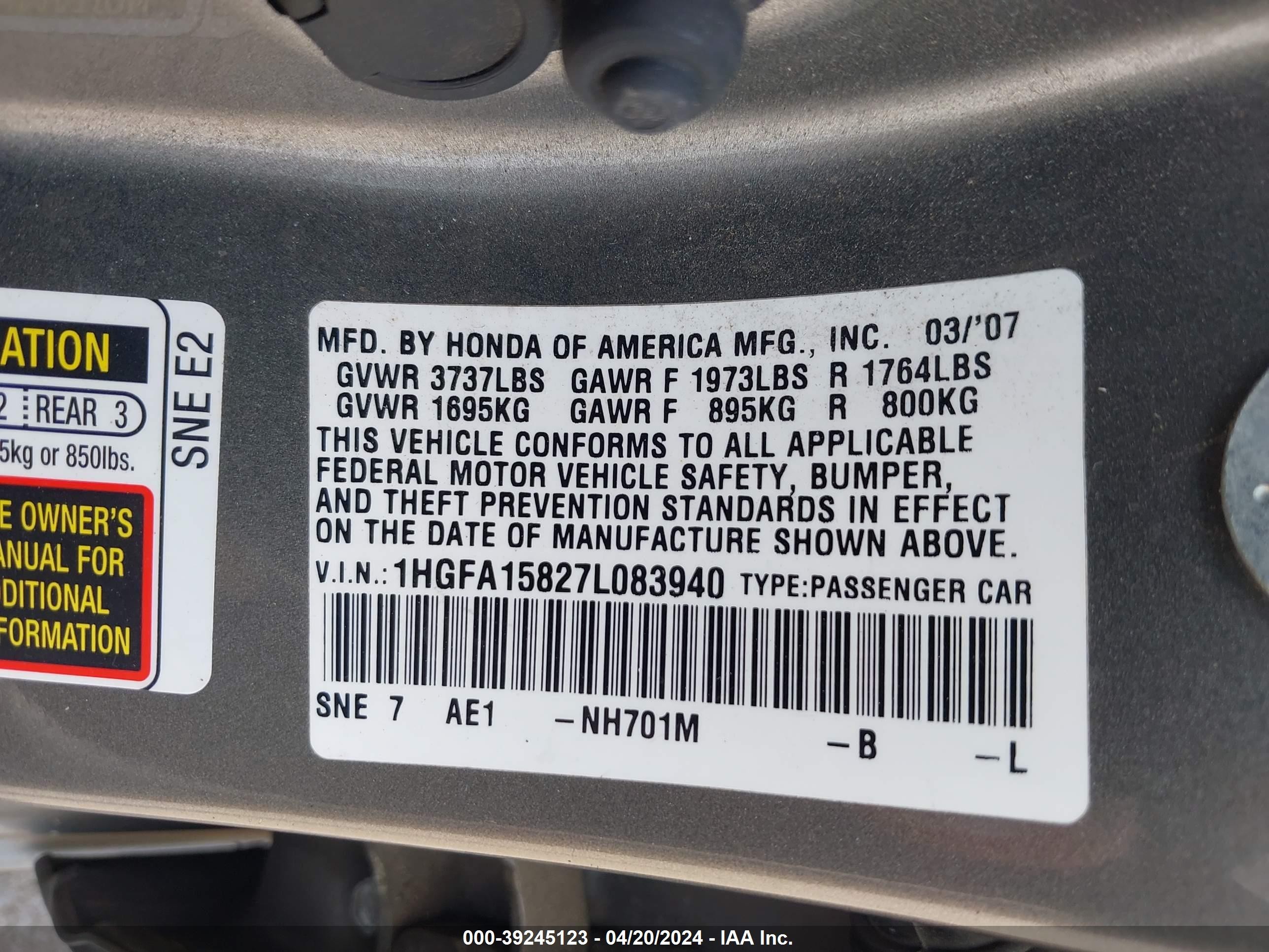 Photo 8 VIN: 1HGFA15827L083940 - HONDA CIVIC 