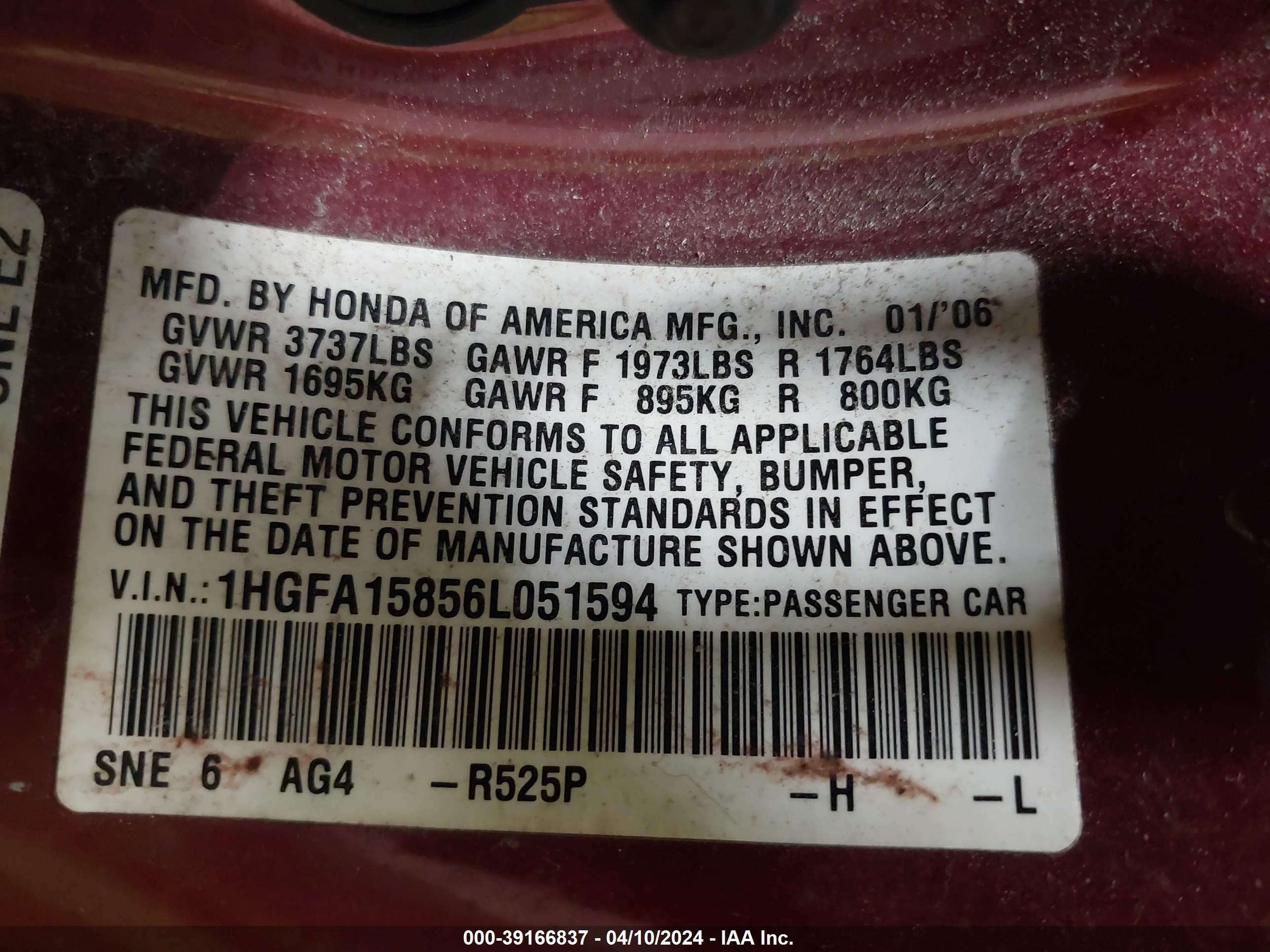 Photo 8 VIN: 1HGFA15856L051594 - HONDA CIVIC 