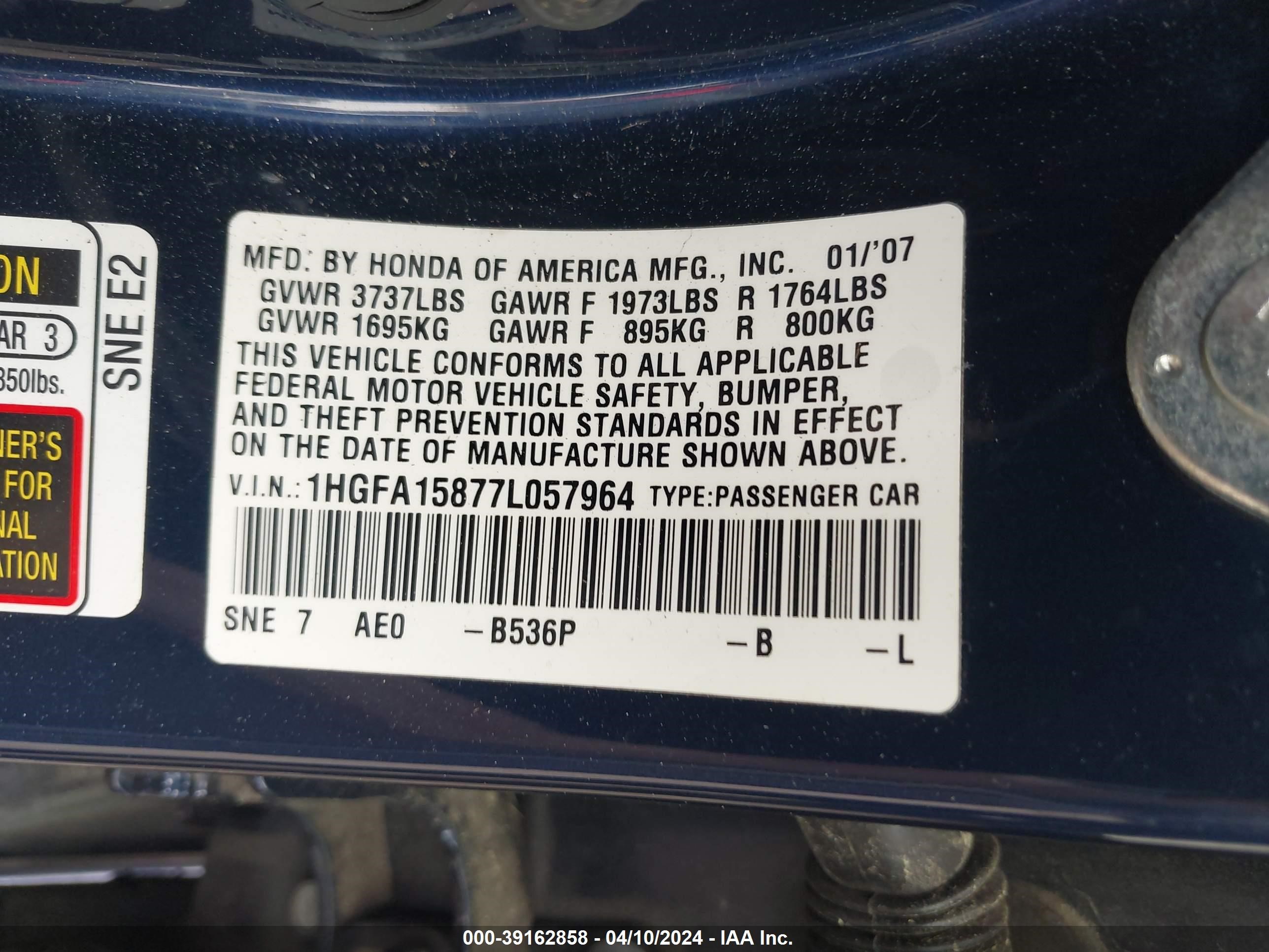 Photo 8 VIN: 1HGFA15877L057964 - HONDA CIVIC 