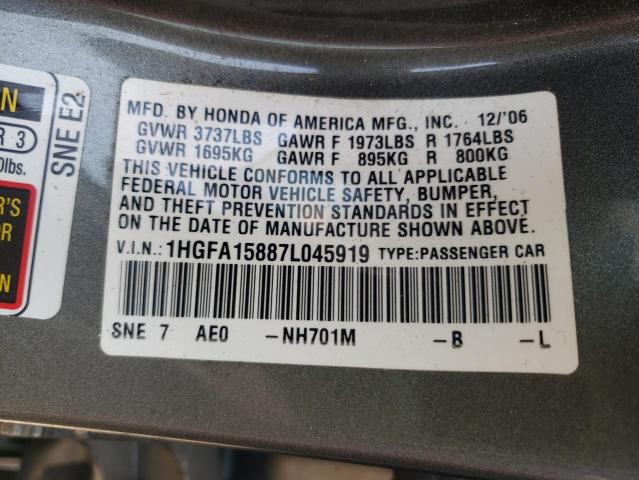 Photo 11 VIN: 1HGFA15887L045919 - HONDA CIVIC EX 