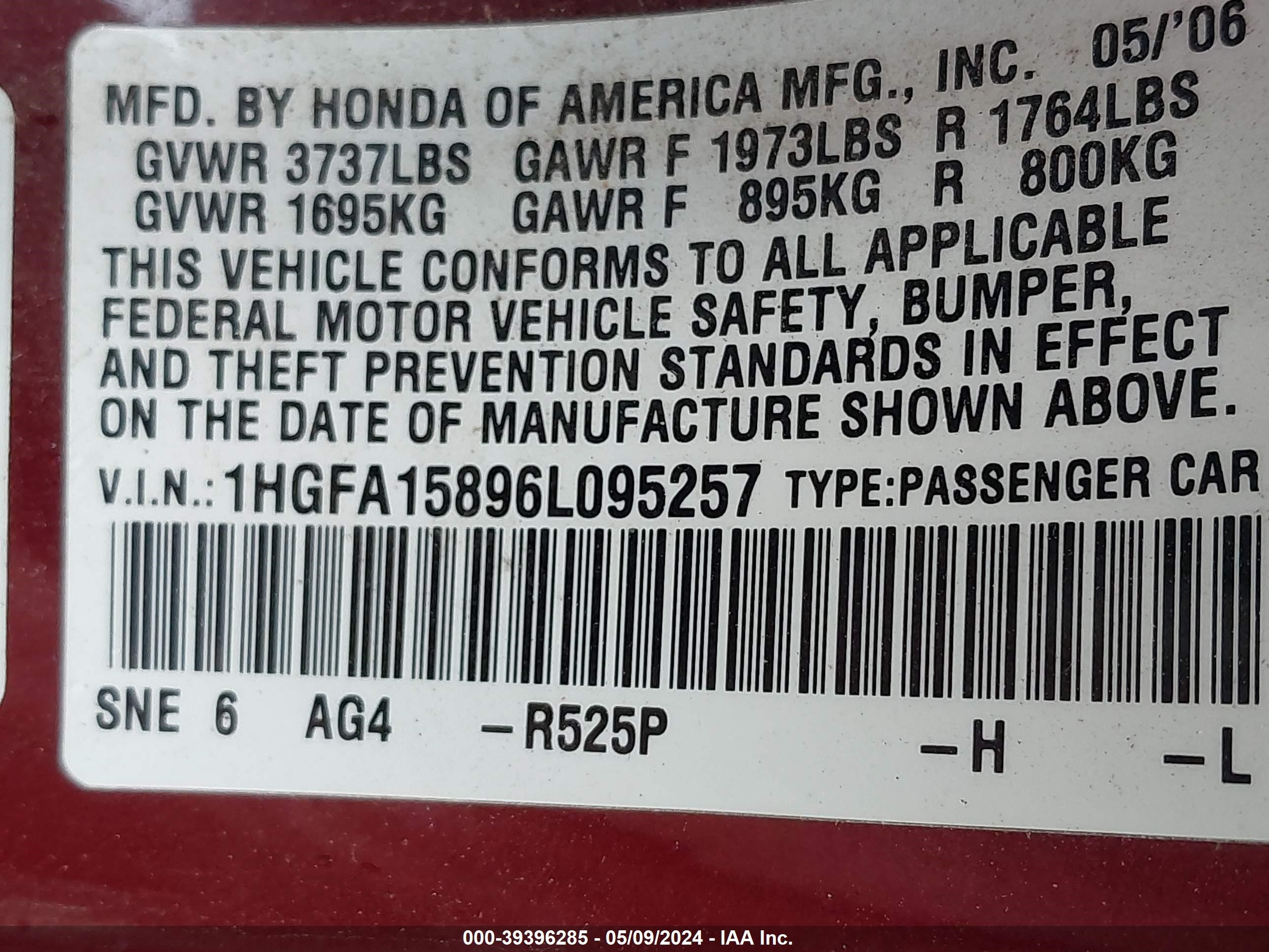 Photo 8 VIN: 1HGFA15896L095257 - HONDA CIVIC 