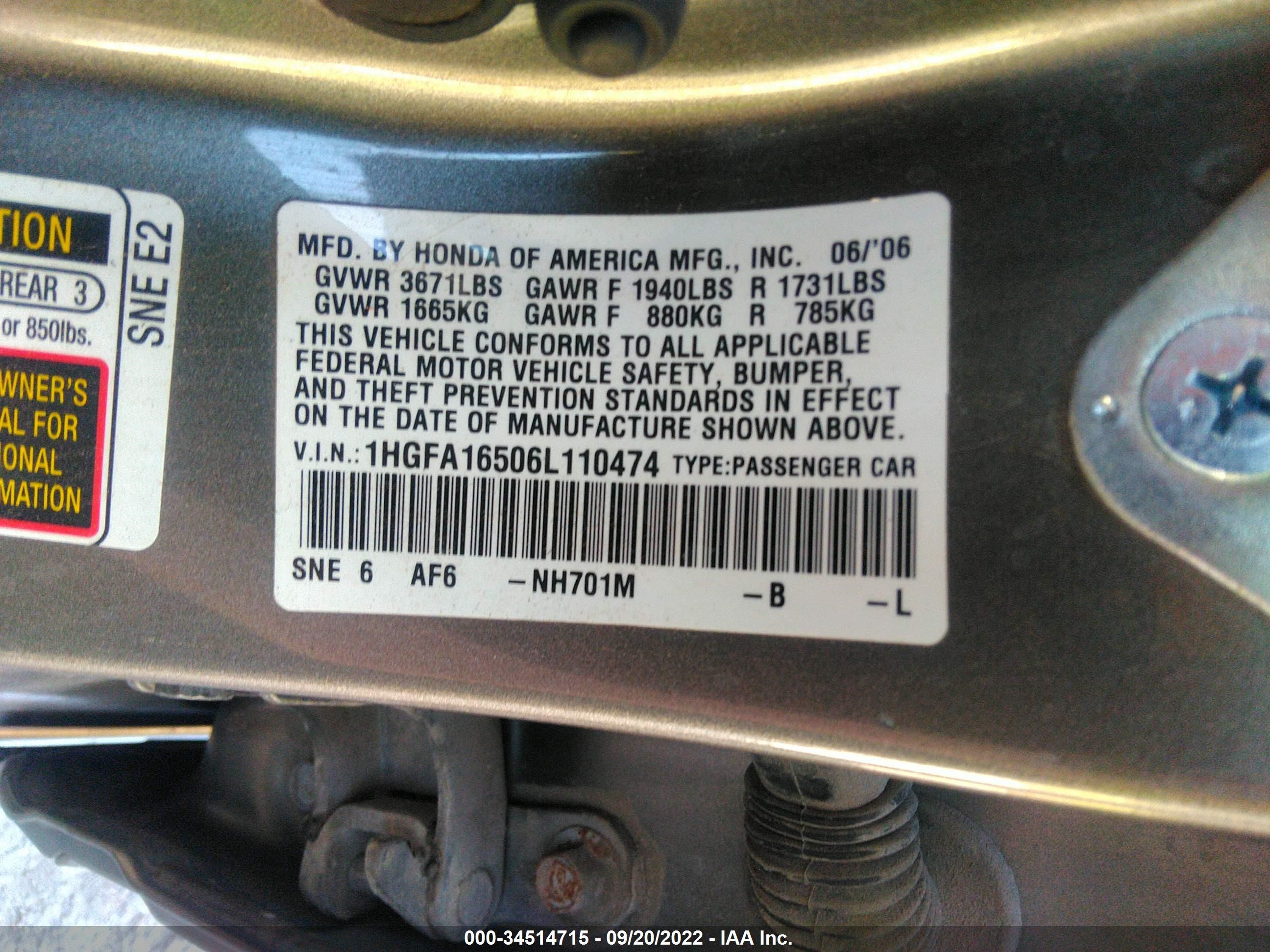 Photo 8 VIN: 1HGFA16506L110474 - HONDA CIVIC 