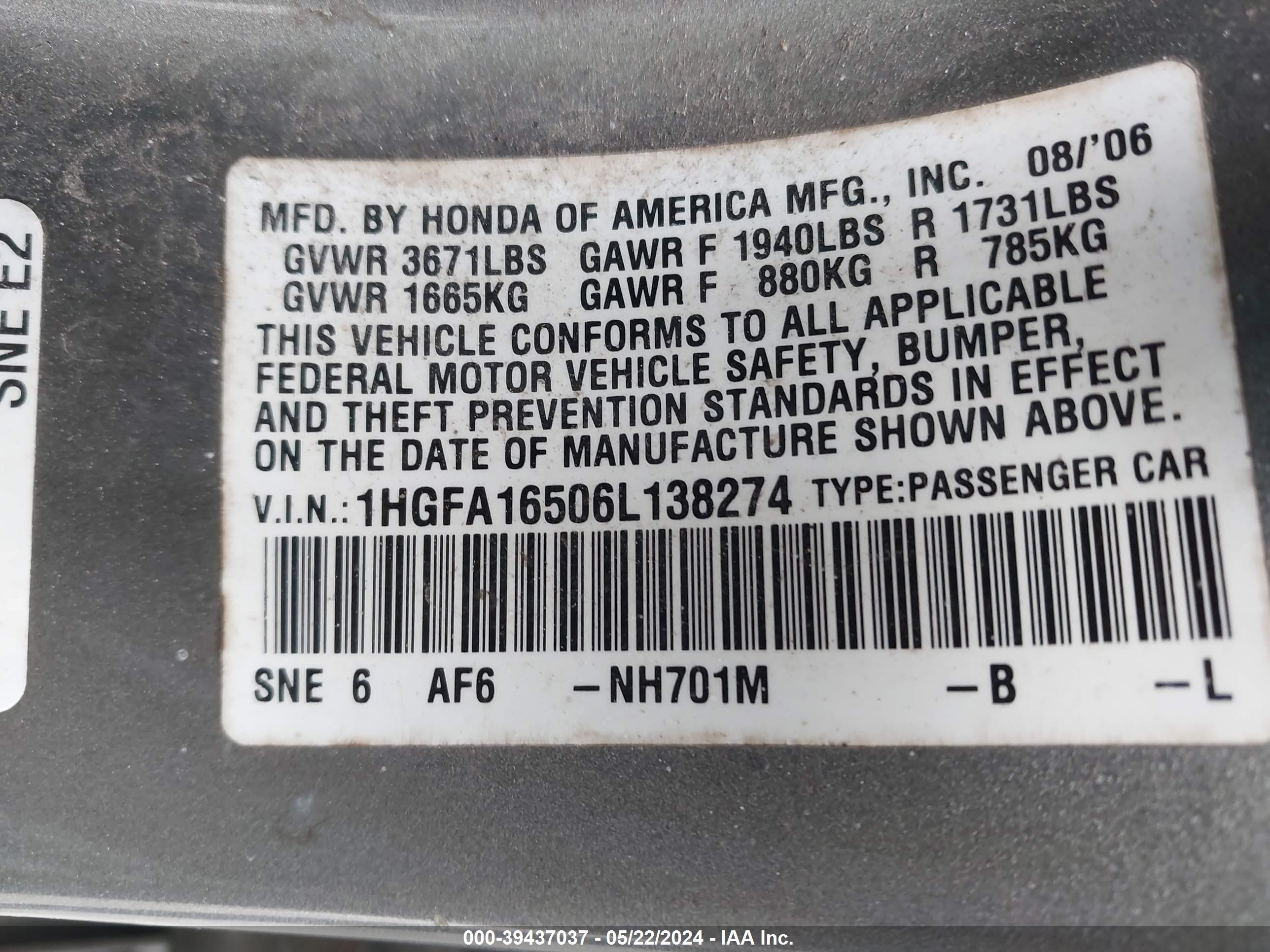 Photo 8 VIN: 1HGFA16506L138274 - HONDA CIVIC 