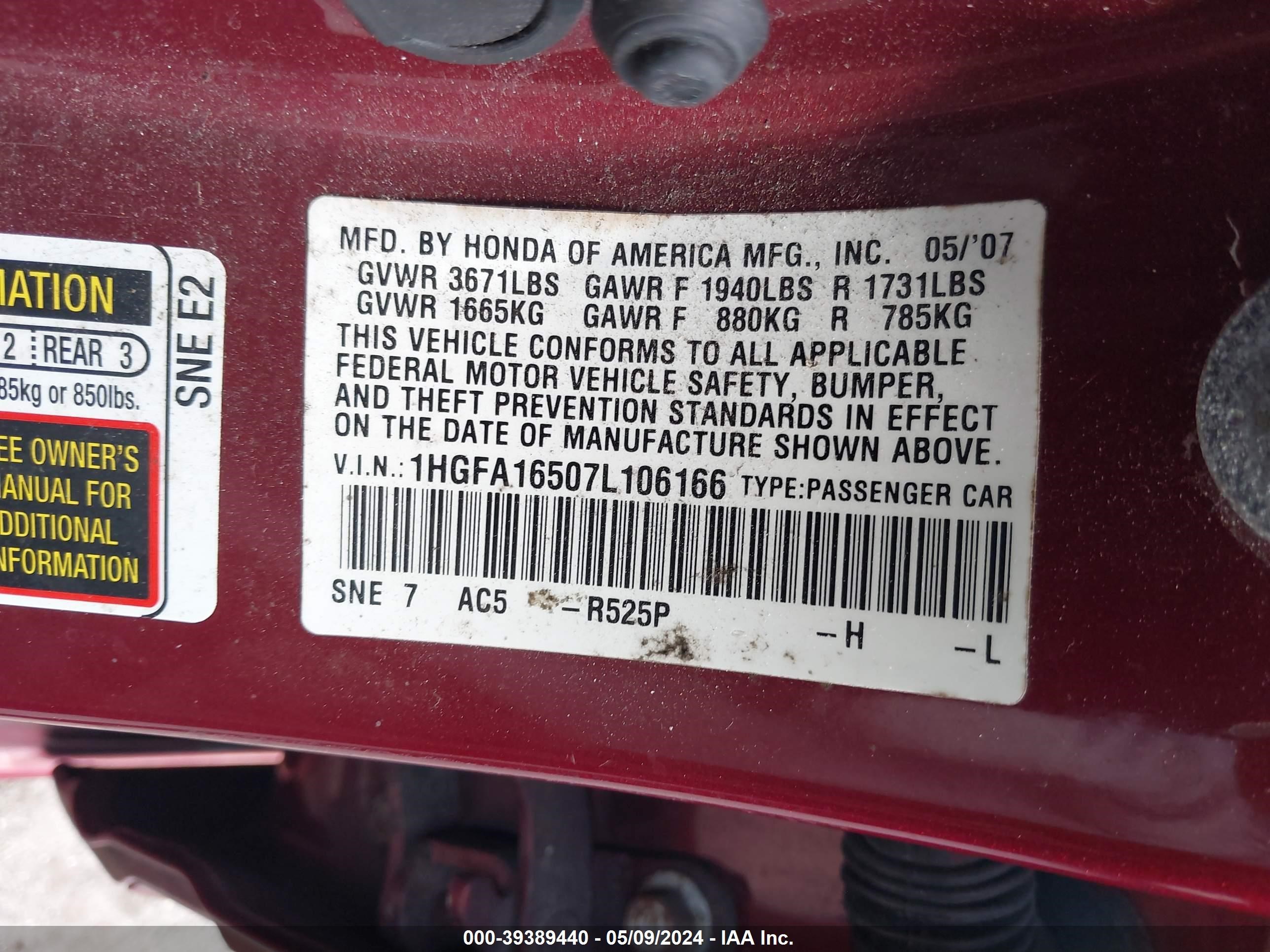 Photo 8 VIN: 1HGFA16507L106166 - HONDA CIVIC 