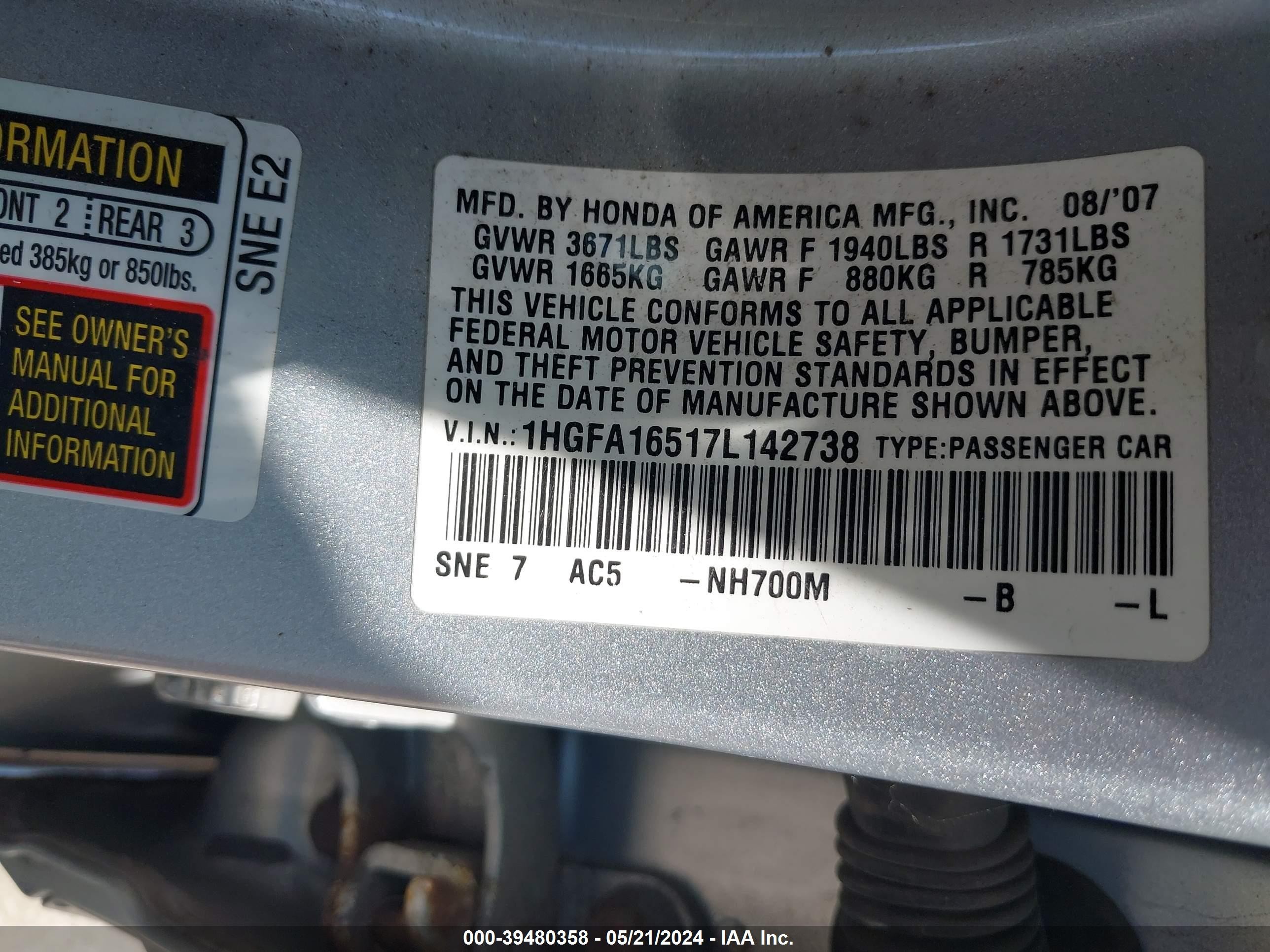 Photo 8 VIN: 1HGFA16517L142738 - HONDA CIVIC 