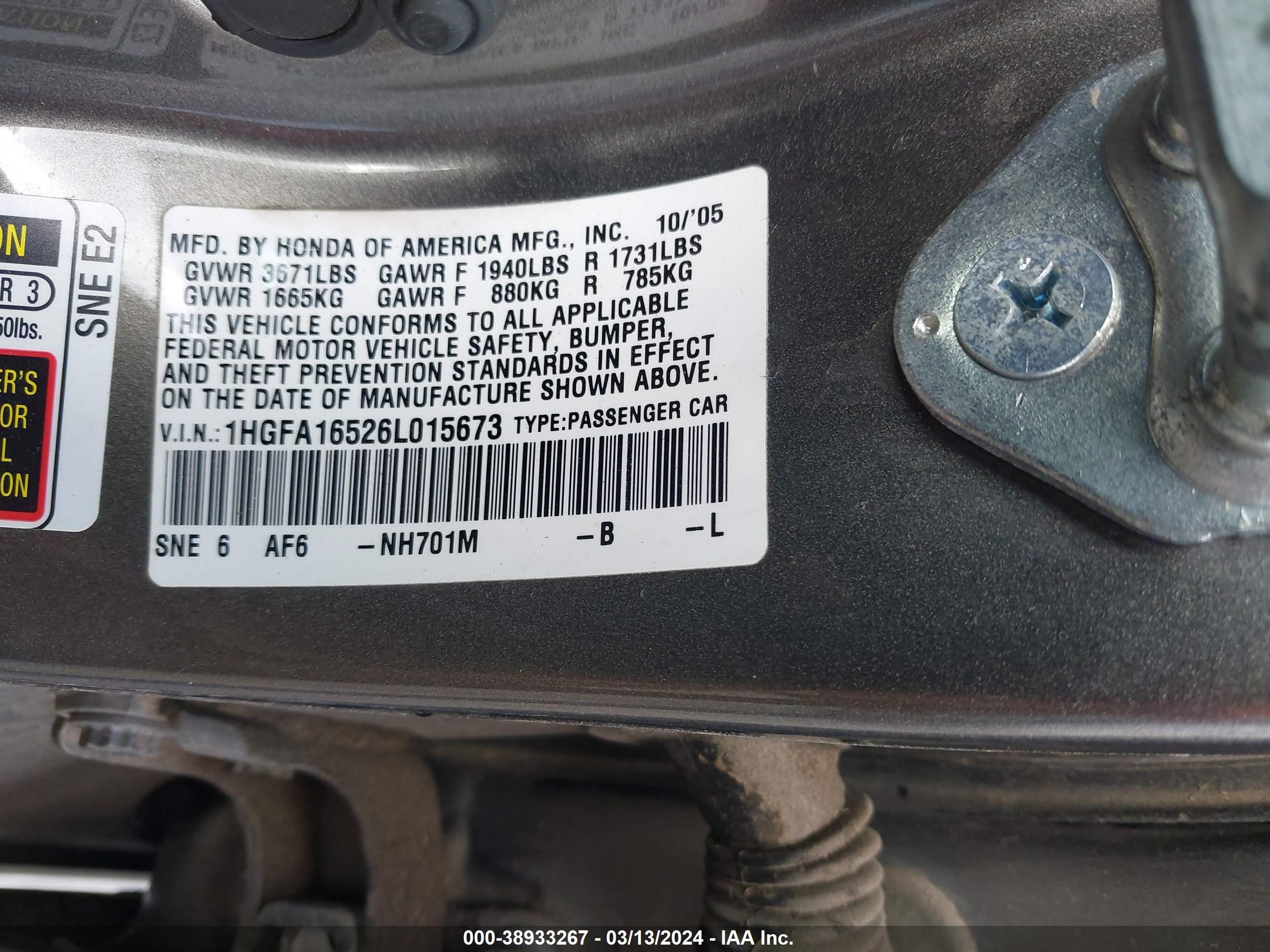 Photo 8 VIN: 1HGFA16526L015673 - HONDA CIVIC 