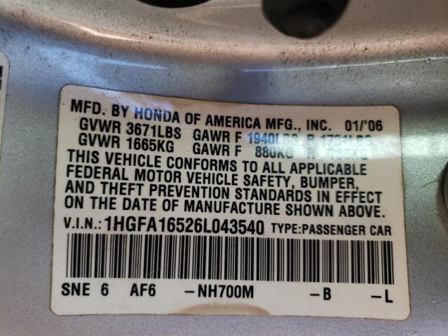 Photo 9 VIN: 1HGFA16526L043540 - HONDA CIVIC LX 