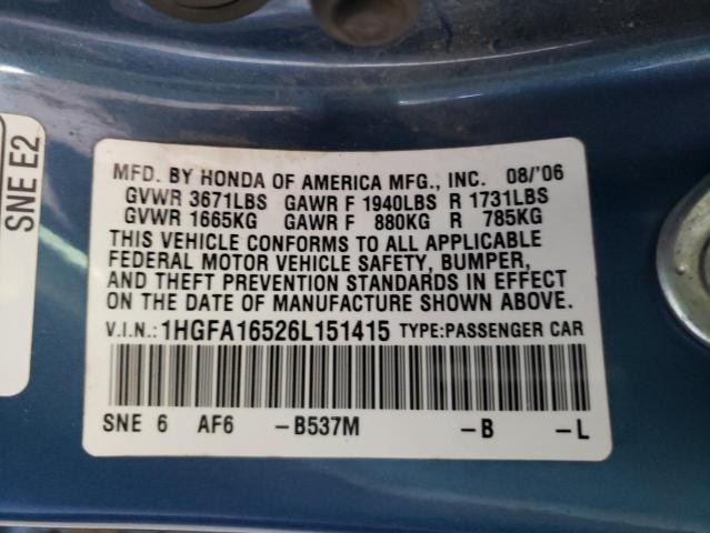 Photo 9 VIN: 1HGFA16526L151415 - HONDA CIVIC LX 