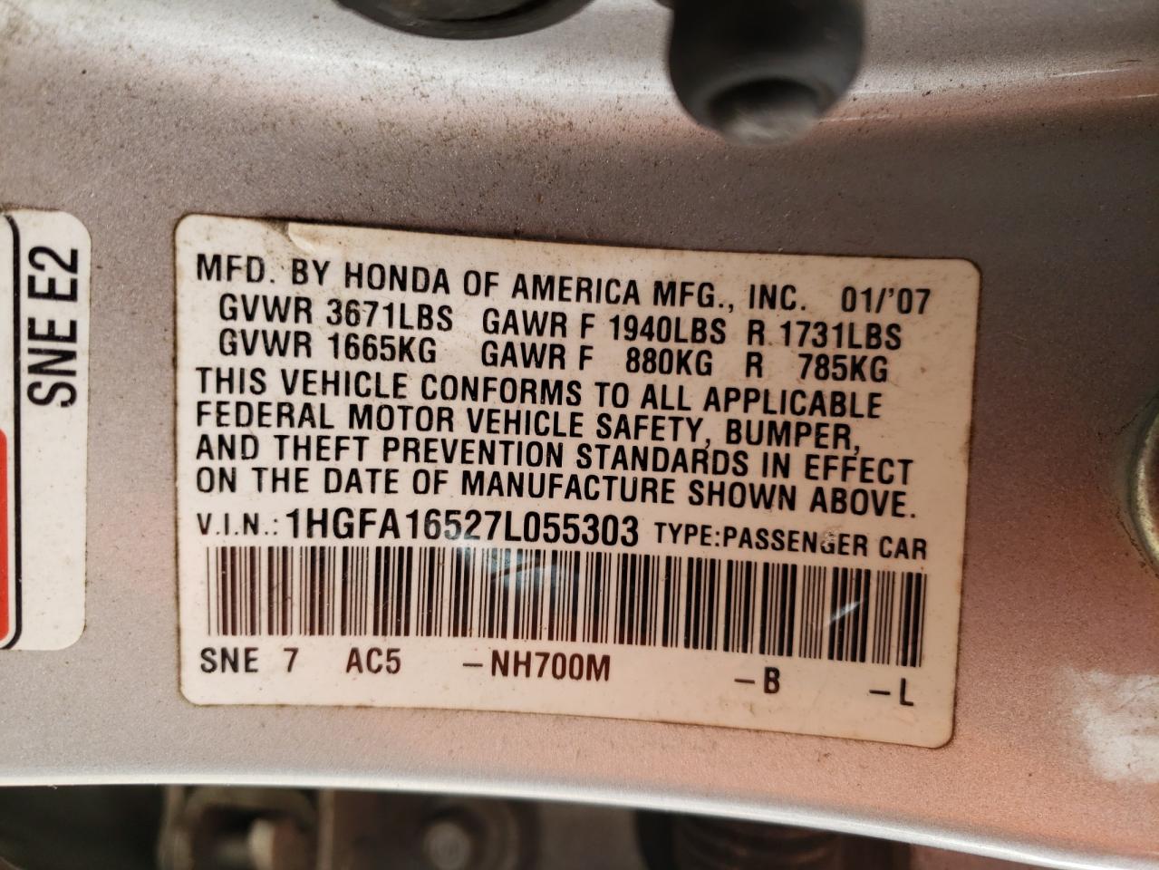 Photo 11 VIN: 1HGFA16527L055303 - HONDA CIVIC 