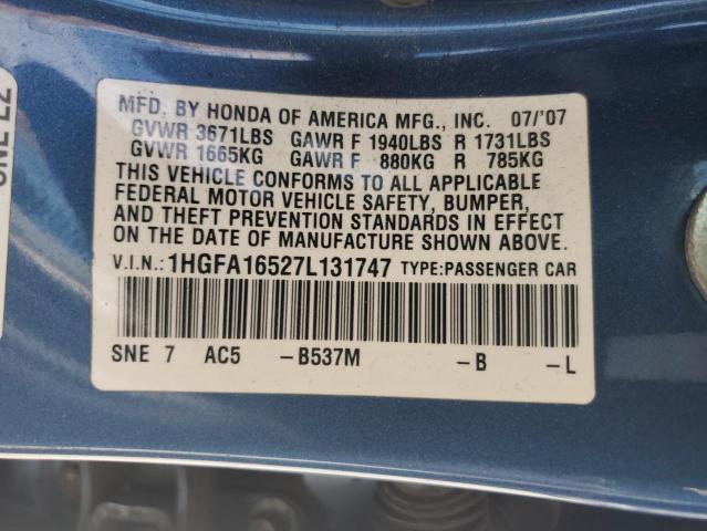 Photo 12 VIN: 1HGFA16527L131747 - HONDA CIVIC LX 