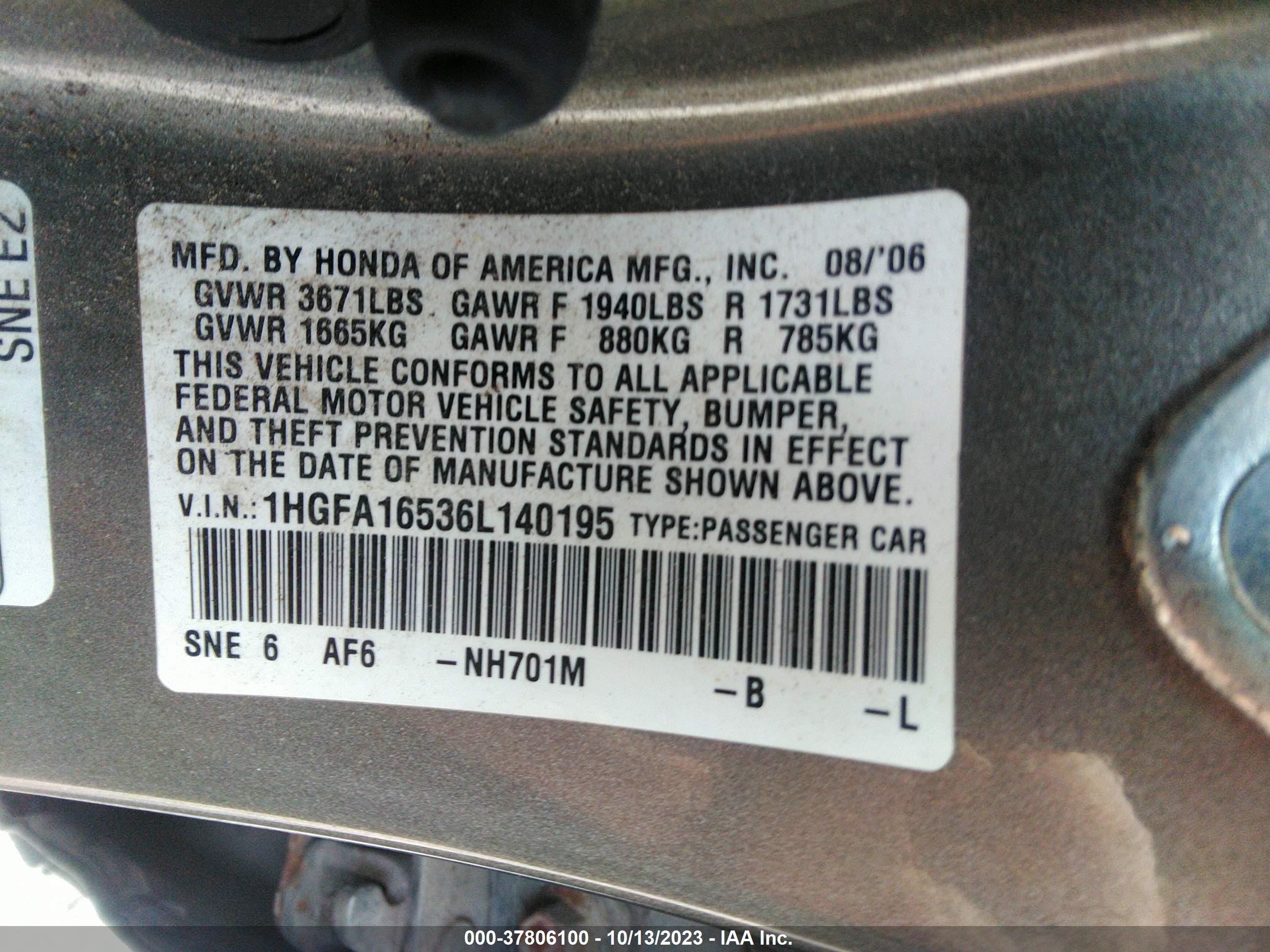 Photo 8 VIN: 1HGFA16536L140195 - HONDA CIVIC 