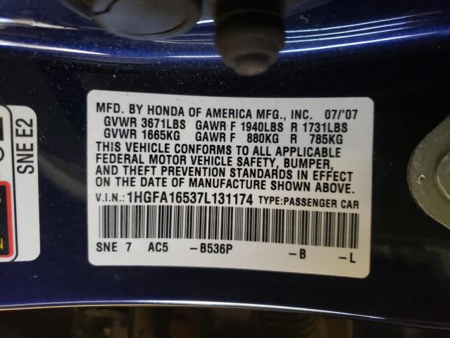 Photo 9 VIN: 1HGFA16537L131174 - HONDA CIVIC LX 