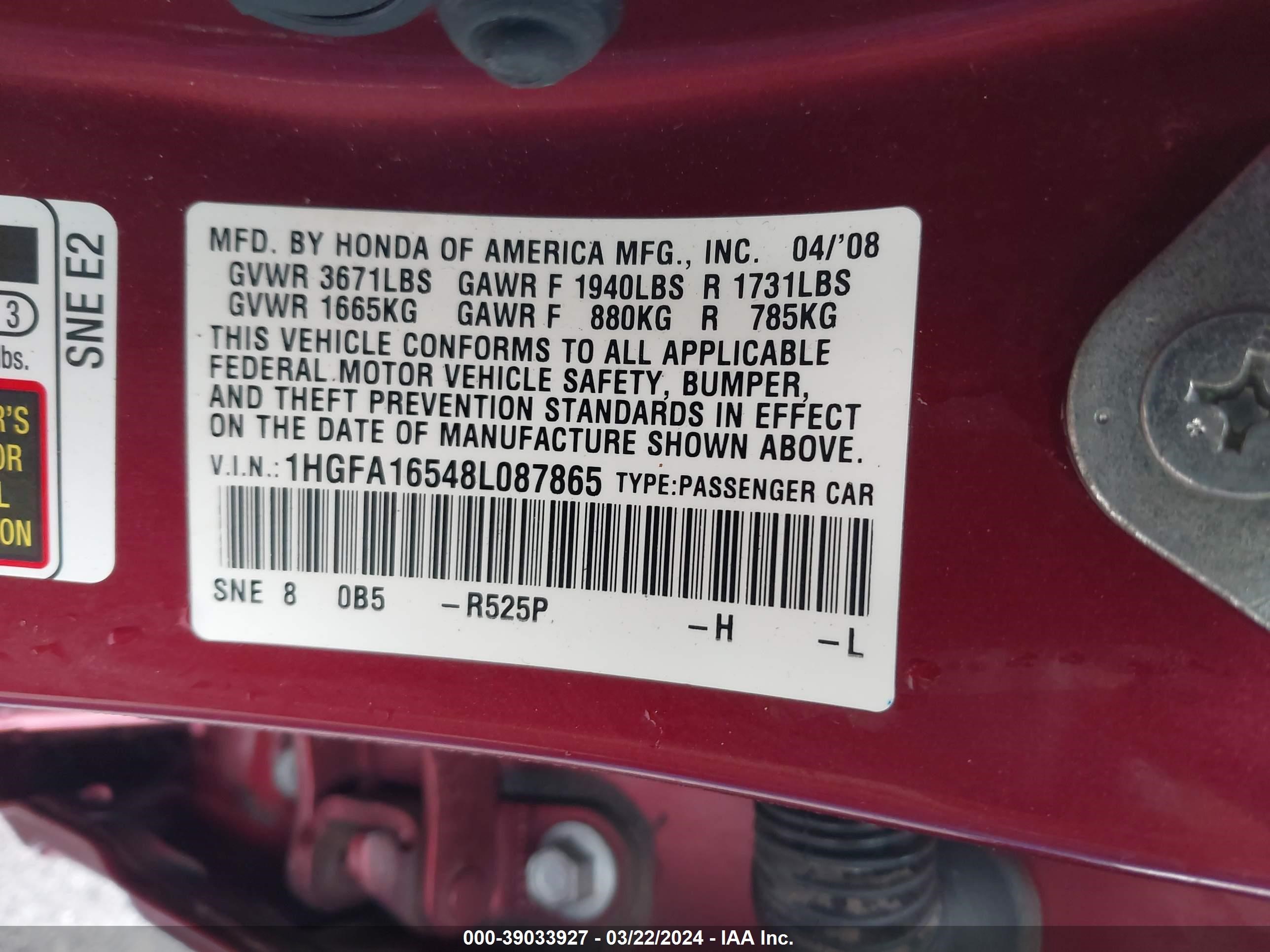 Photo 8 VIN: 1HGFA16548L087865 - HONDA CIVIC 