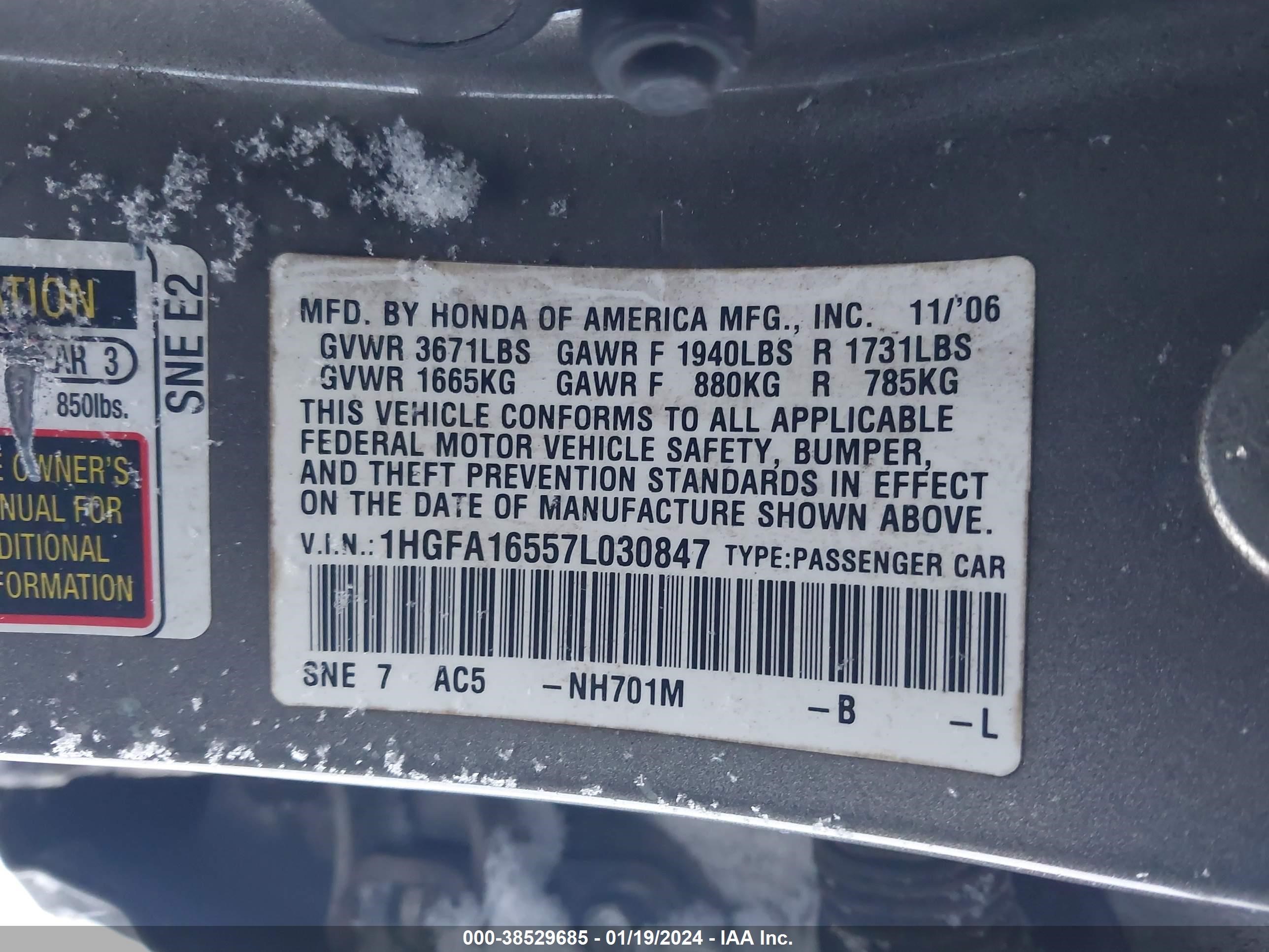 Photo 8 VIN: 1HGFA16557L030847 - HONDA CIVIC 