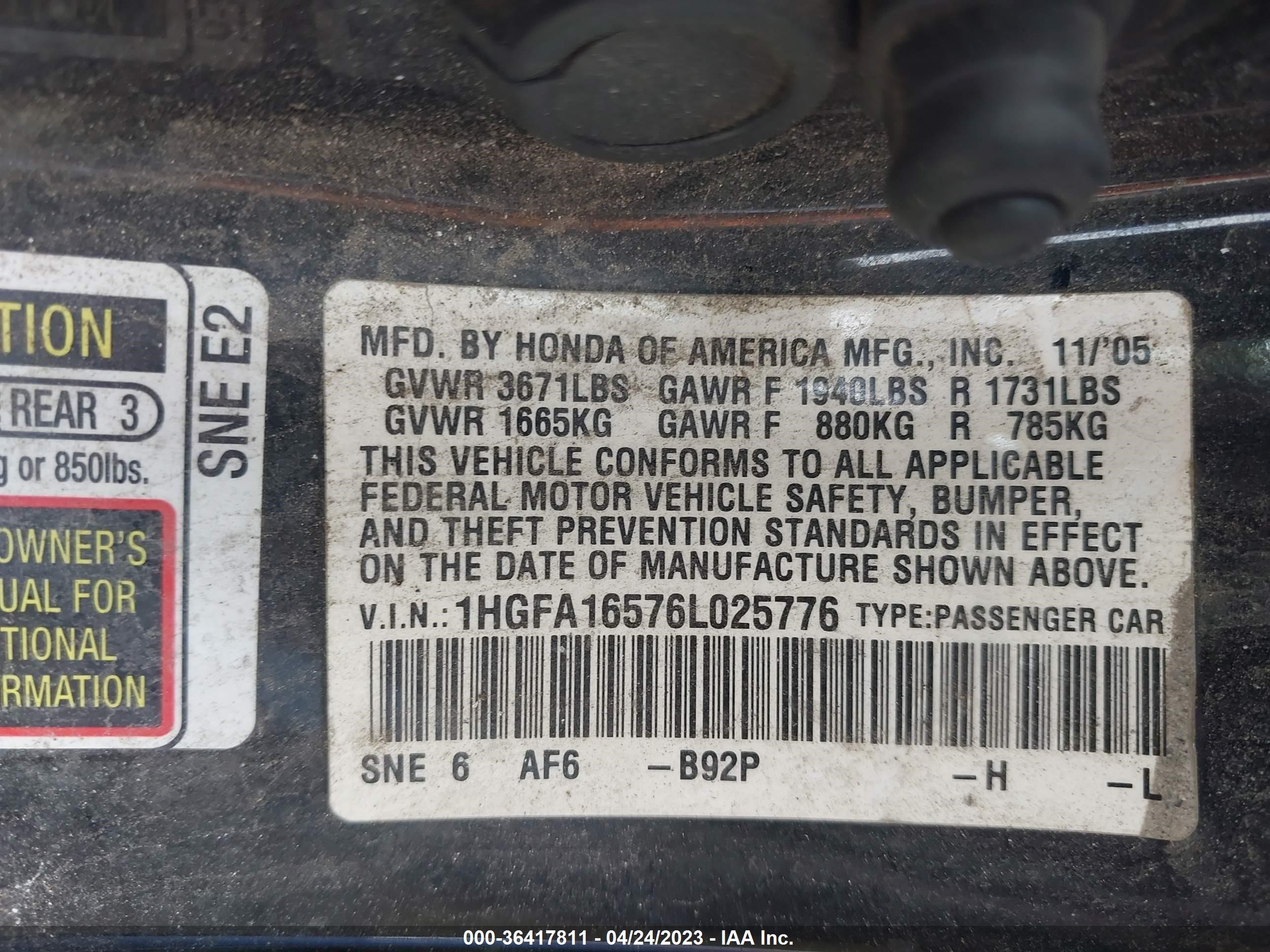 Photo 8 VIN: 1HGFA16576L025776 - HONDA CIVIC 