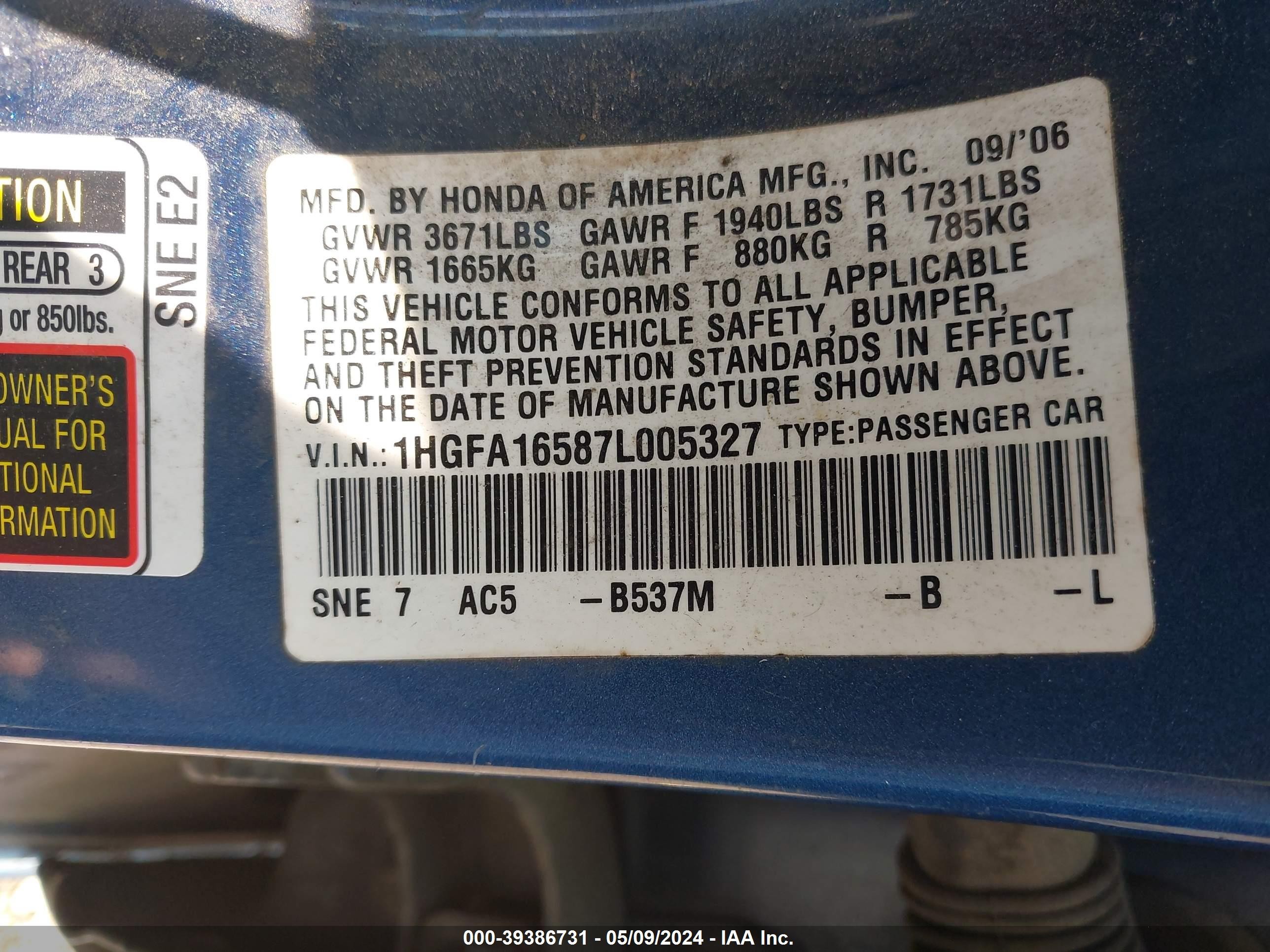 Photo 8 VIN: 1HGFA16587L005327 - HONDA CIVIC 