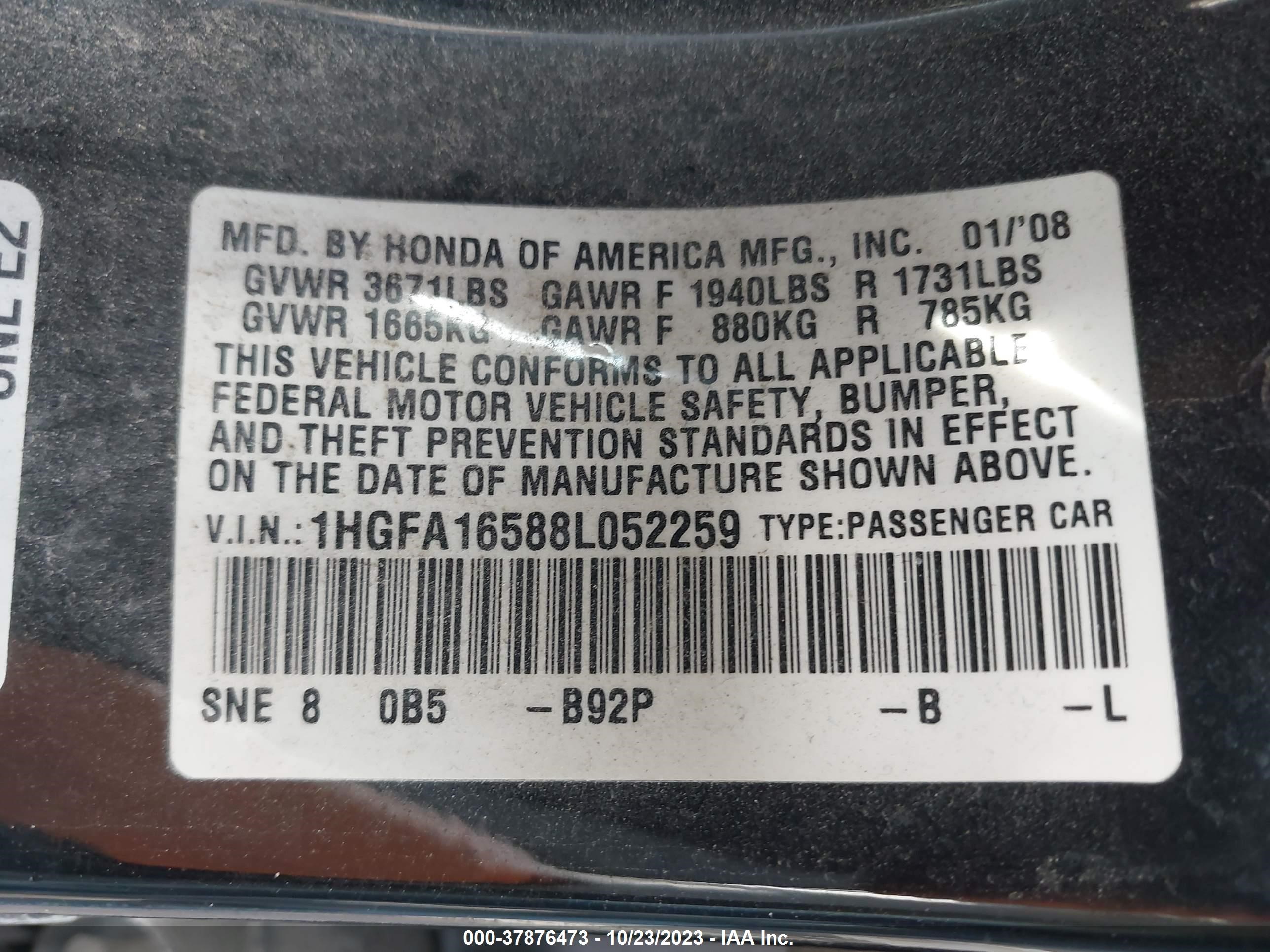 Photo 8 VIN: 1HGFA16588L052259 - HONDA CIVIC 