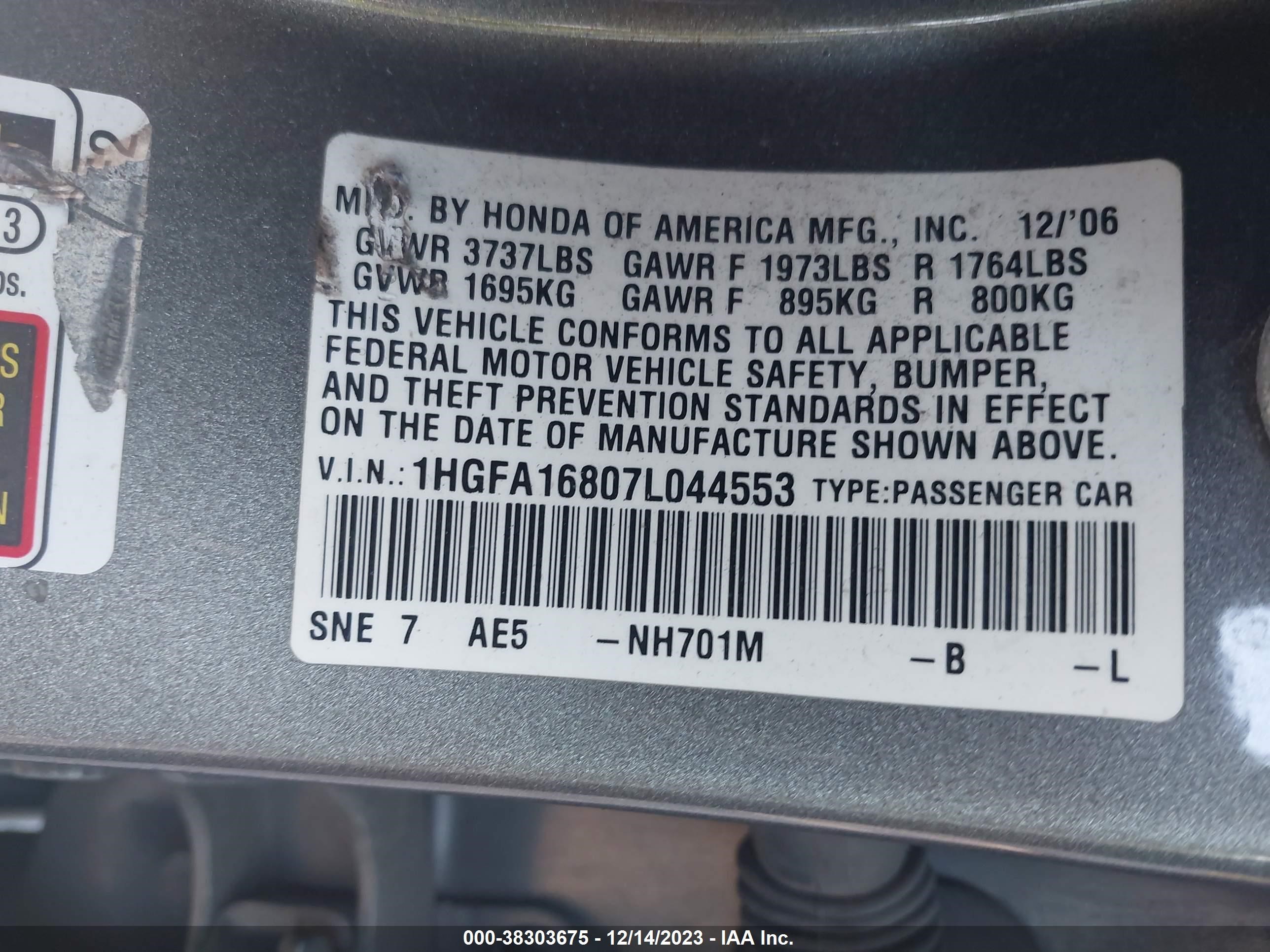 Photo 8 VIN: 1HGFA16807L044553 - HONDA CIVIC 