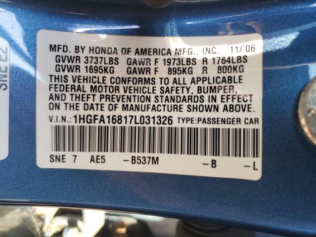 Photo 11 VIN: 1HGFA16817L031326 - HONDA CIVIC EX 