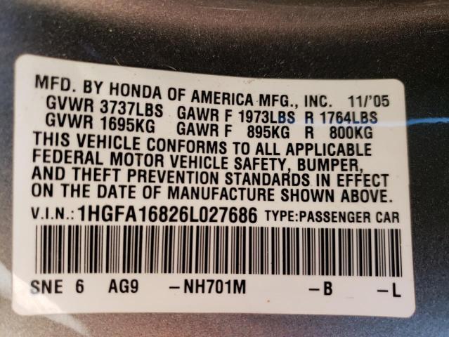 Photo 11 VIN: 1HGFA16826L027686 - HONDA CIVIC EX 