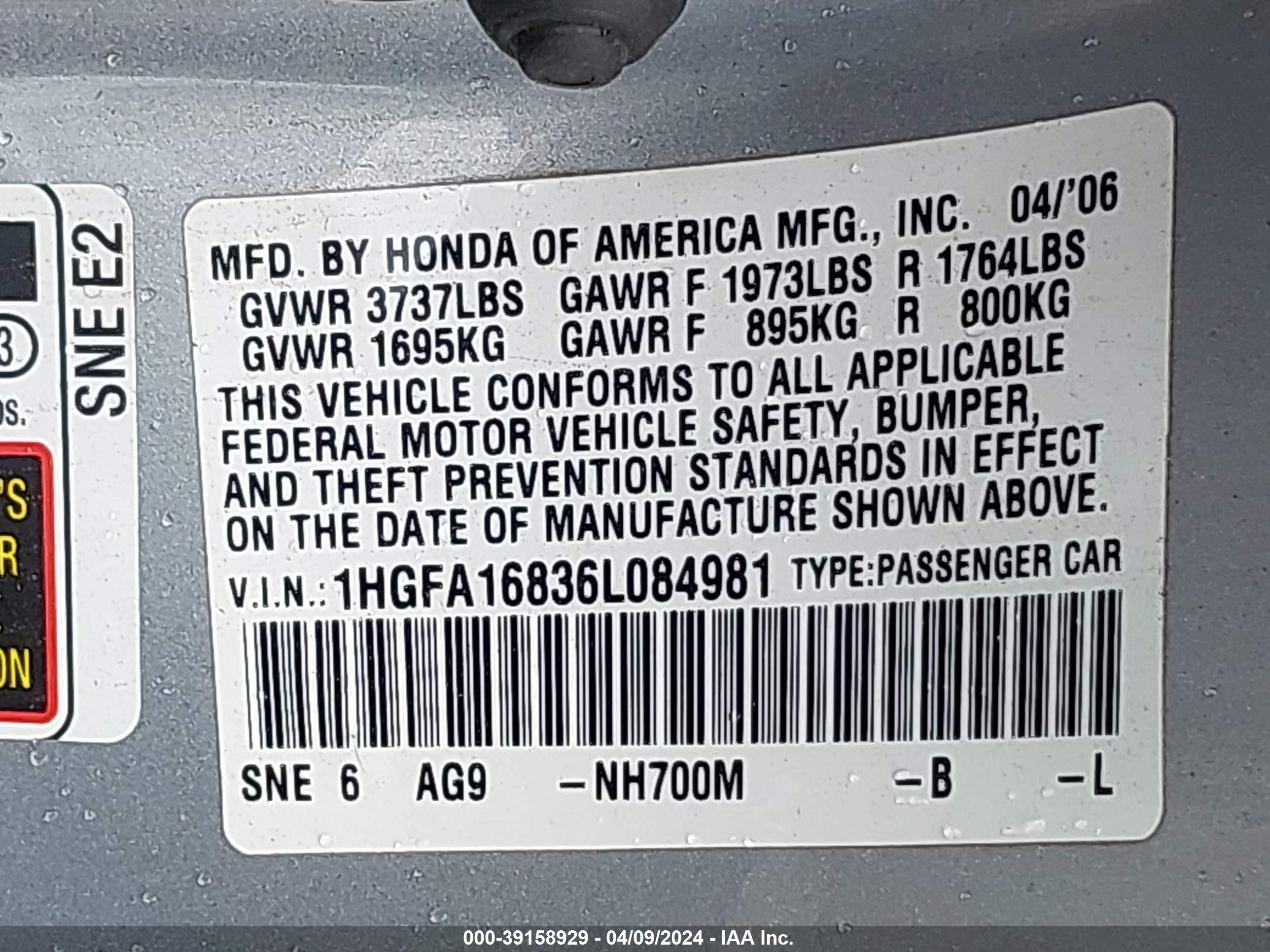 Photo 8 VIN: 1HGFA16836L084981 - HONDA CIVIC 