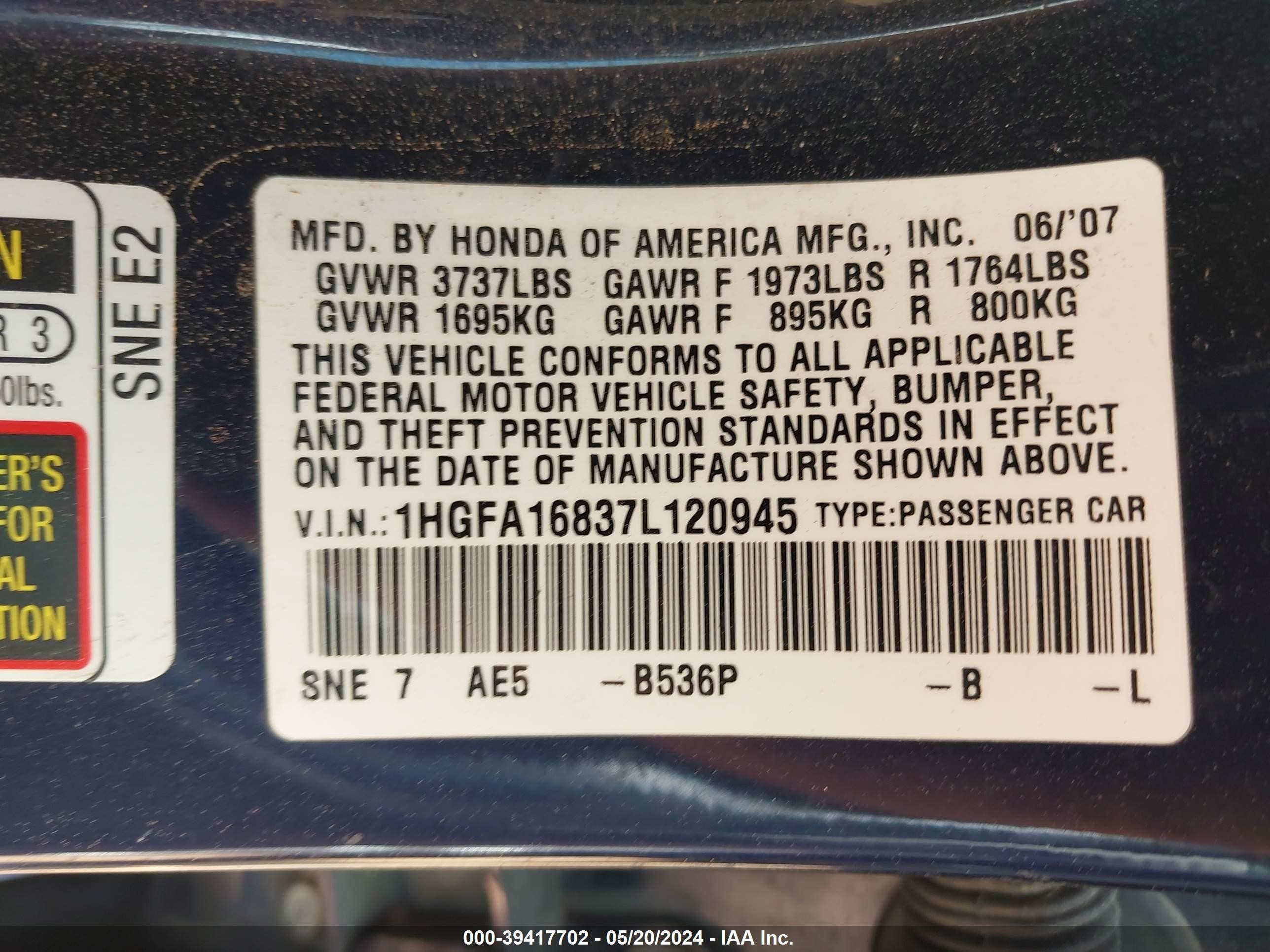 Photo 8 VIN: 1HGFA16837L120945 - HONDA CIVIC 