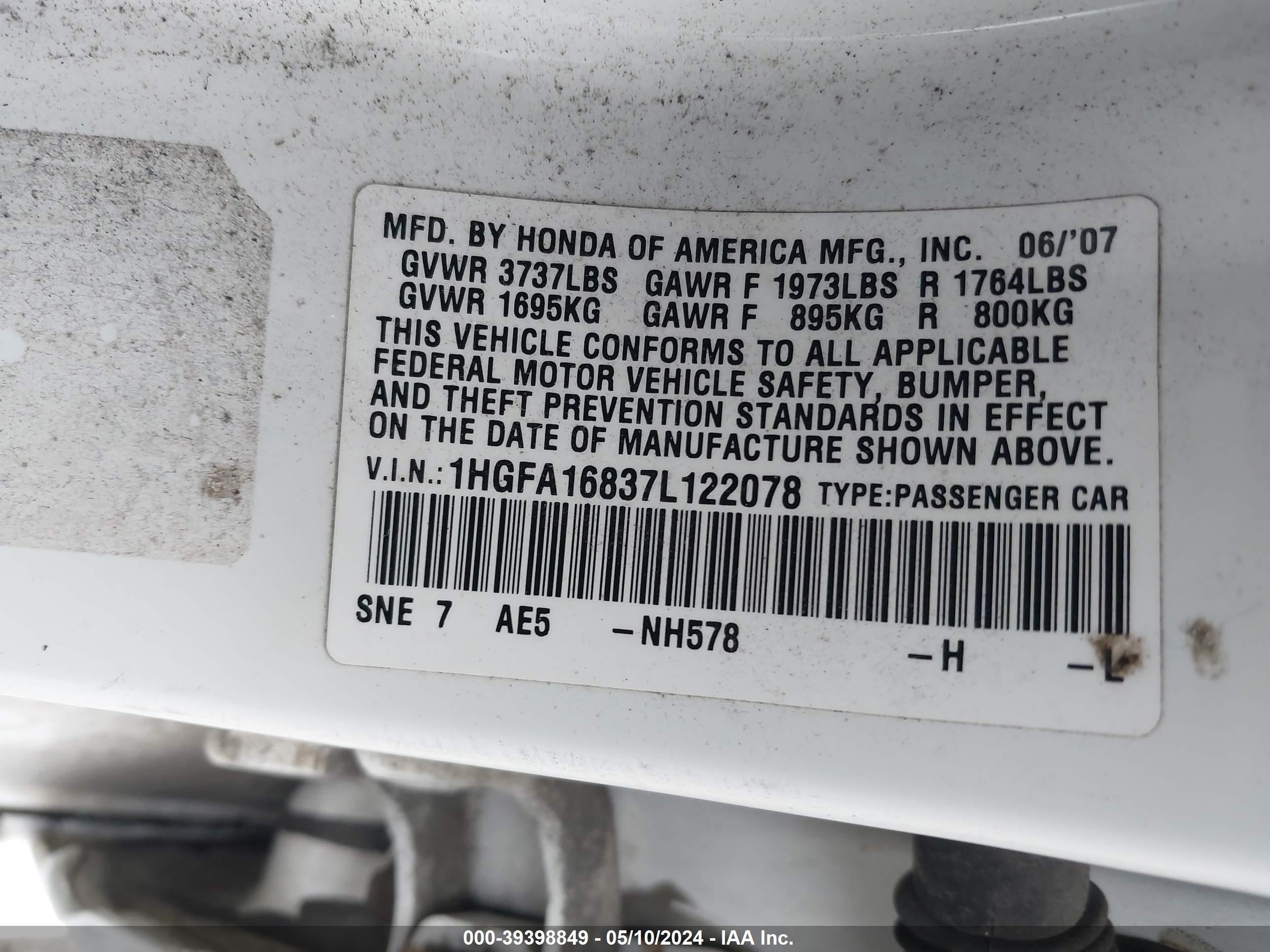 Photo 8 VIN: 1HGFA16837L122078 - HONDA CIVIC 