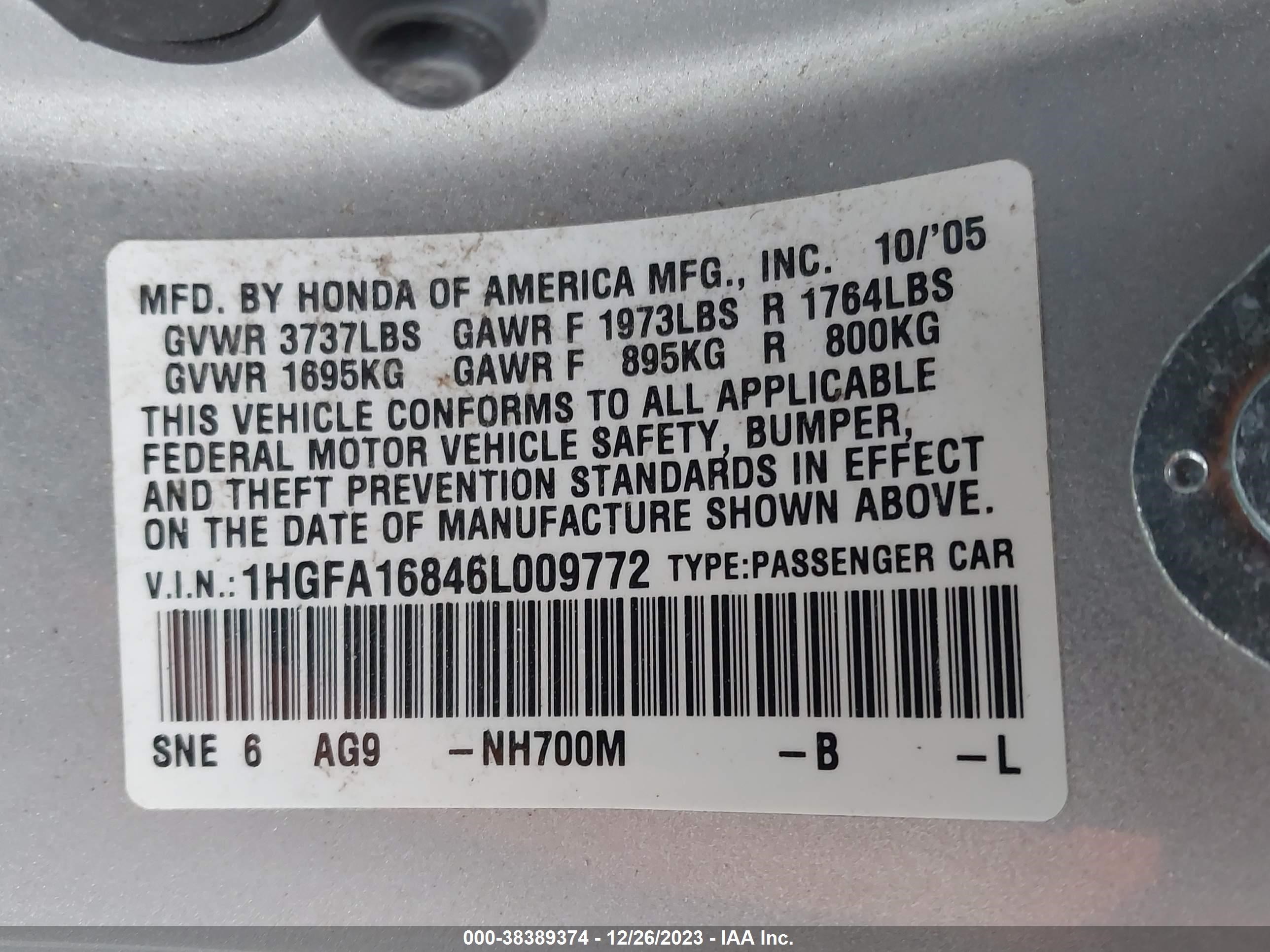 Photo 8 VIN: 1HGFA16846L009772 - HONDA CIVIC 