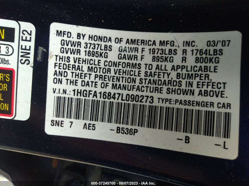 Photo 8 VIN: 1HGFA16847L090273 - HONDA CIVIC 