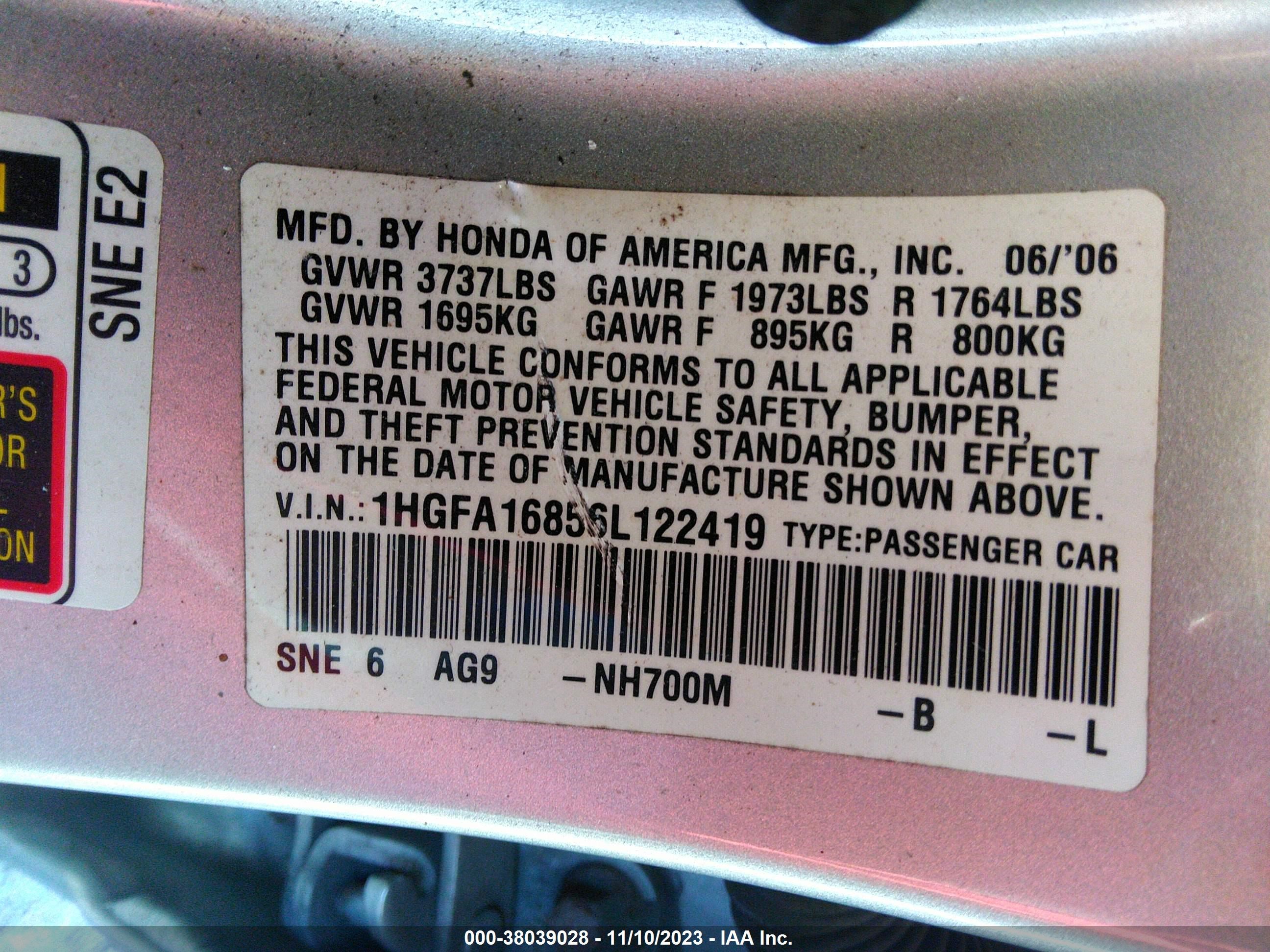 Photo 8 VIN: 1HGFA16856L122419 - HONDA CIVIC 