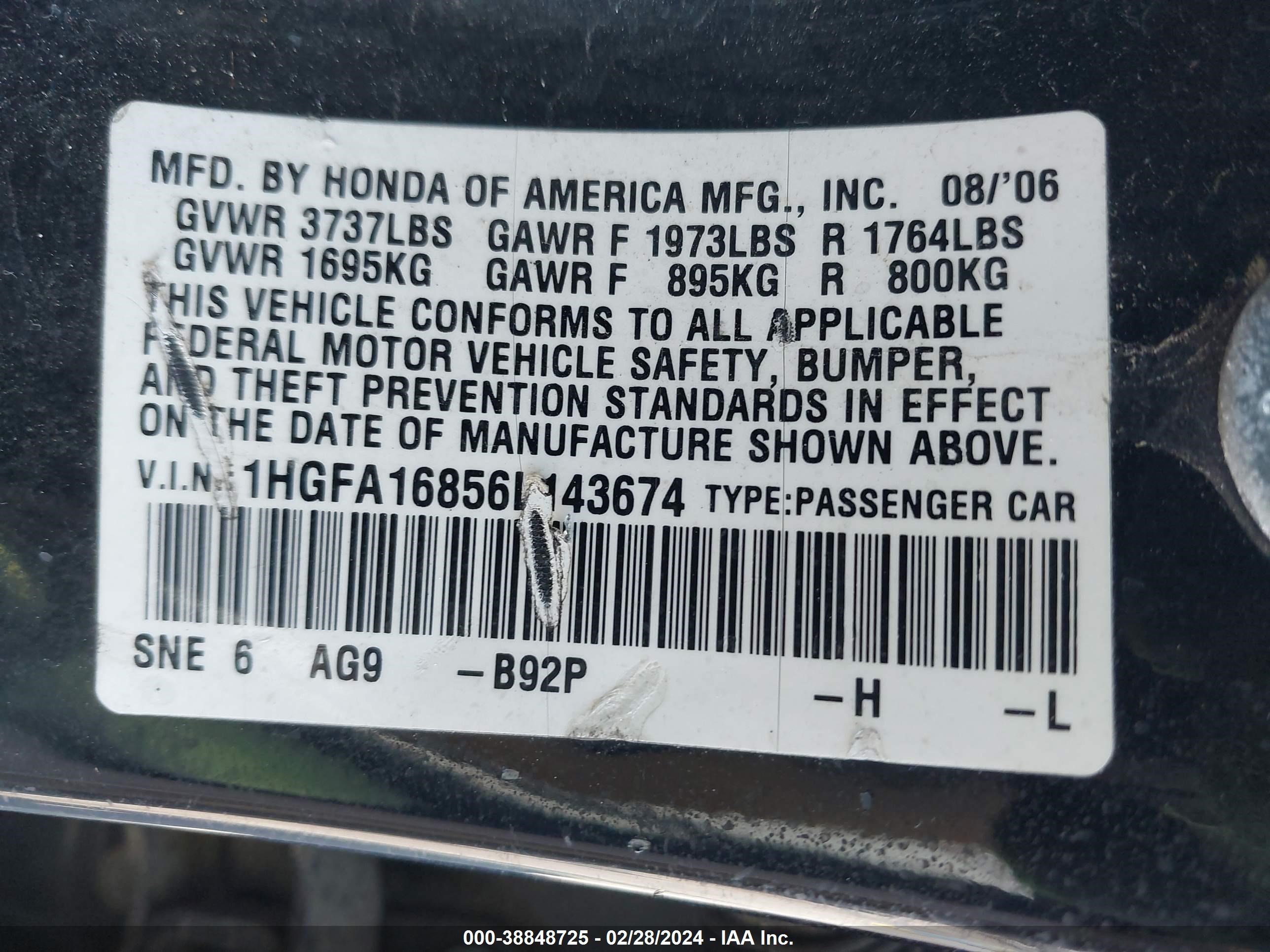 Photo 8 VIN: 1HGFA16856L143674 - HONDA CIVIC 