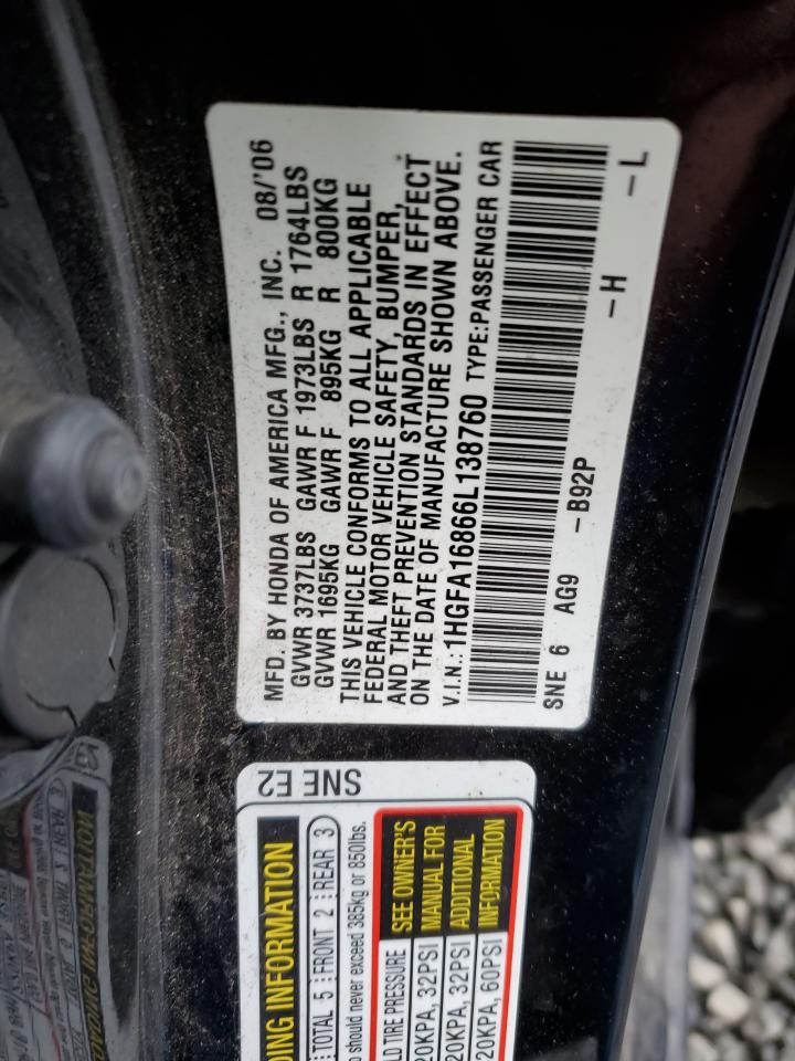 Photo 12 VIN: 1HGFA16866L138760 - HONDA CIVIC 