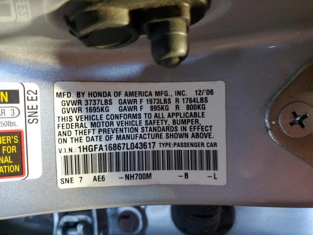 Photo 11 VIN: 1HGFA16867L043617 - HONDA CIVIC EX 