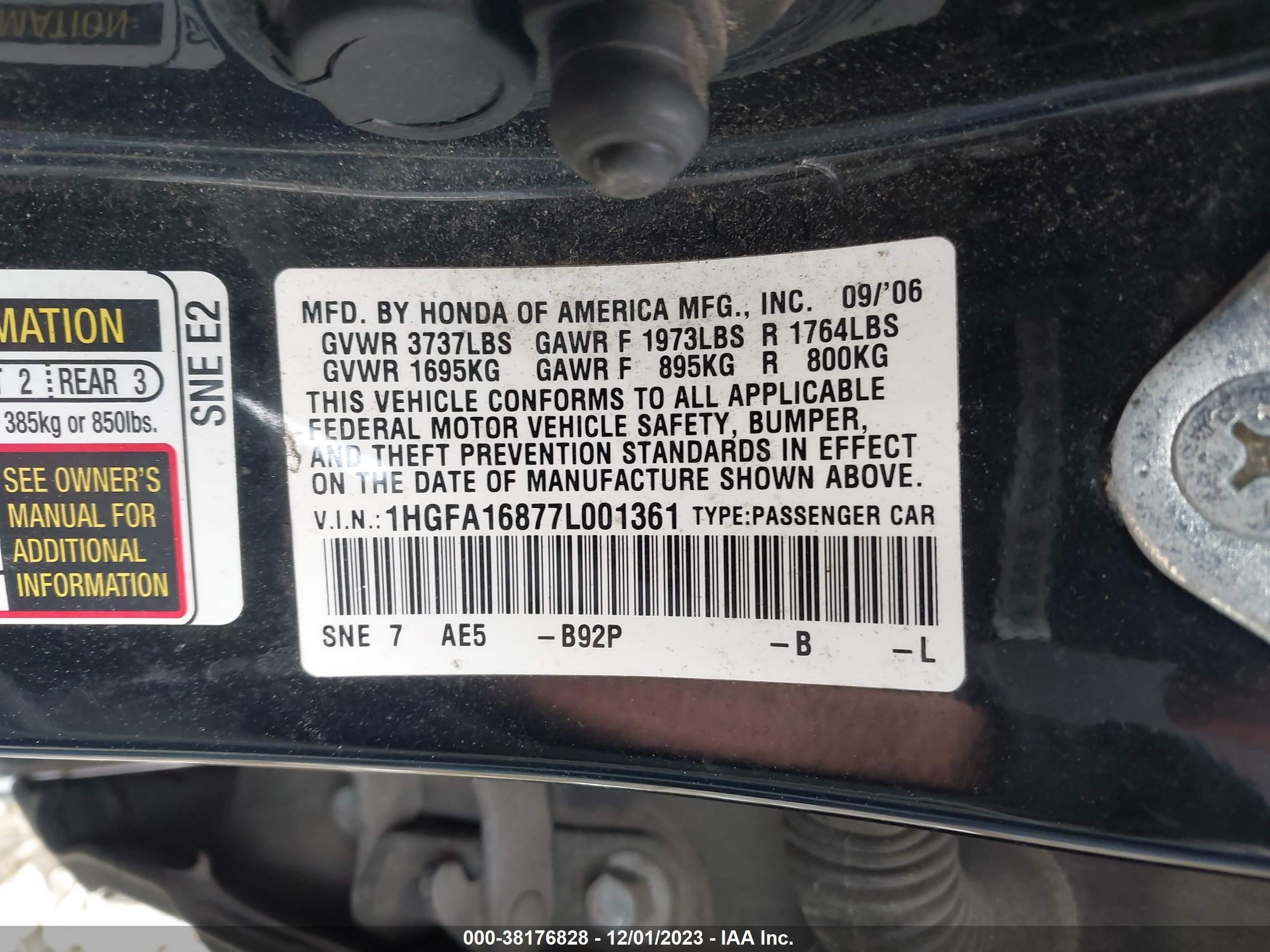 Photo 8 VIN: 1HGFA16877L001361 - HONDA CIVIC 