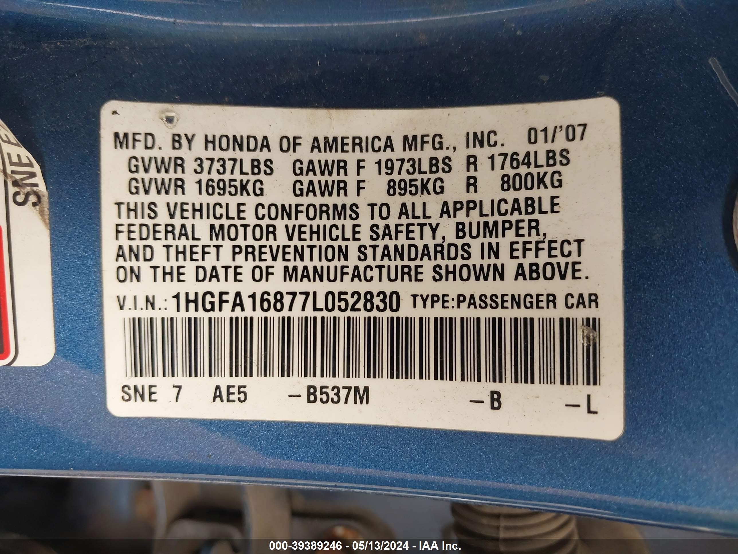 Photo 8 VIN: 1HGFA16877L052830 - HONDA CIVIC 