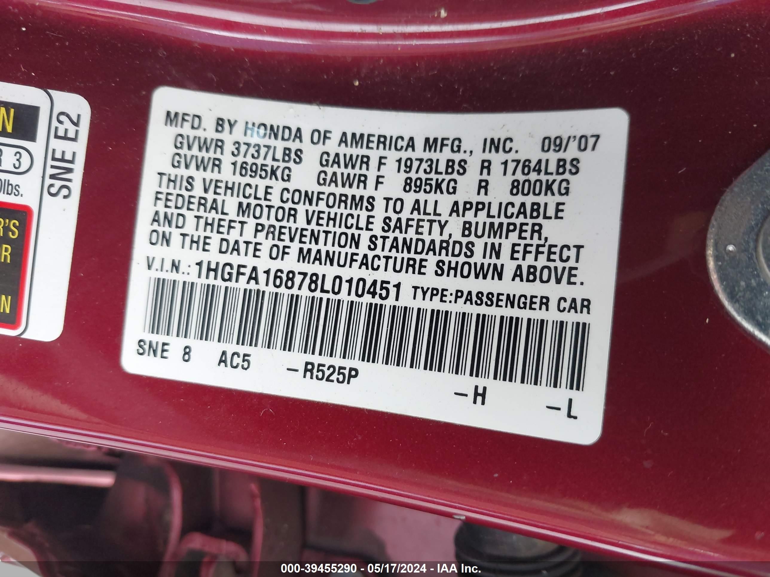 Photo 8 VIN: 1HGFA16878L010451 - HONDA CIVIC 