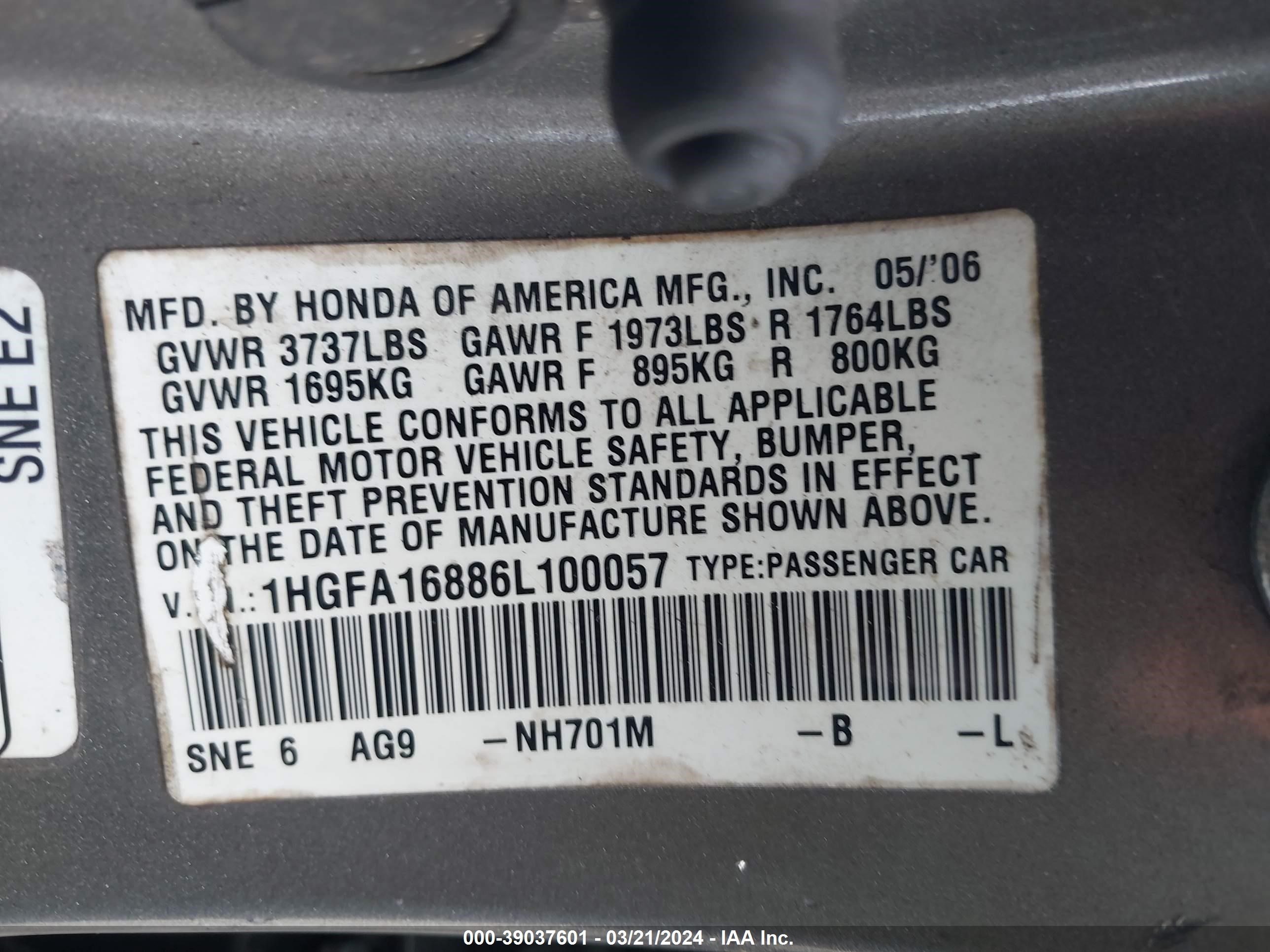 Photo 8 VIN: 1HGFA16886L100057 - HONDA CIVIC 