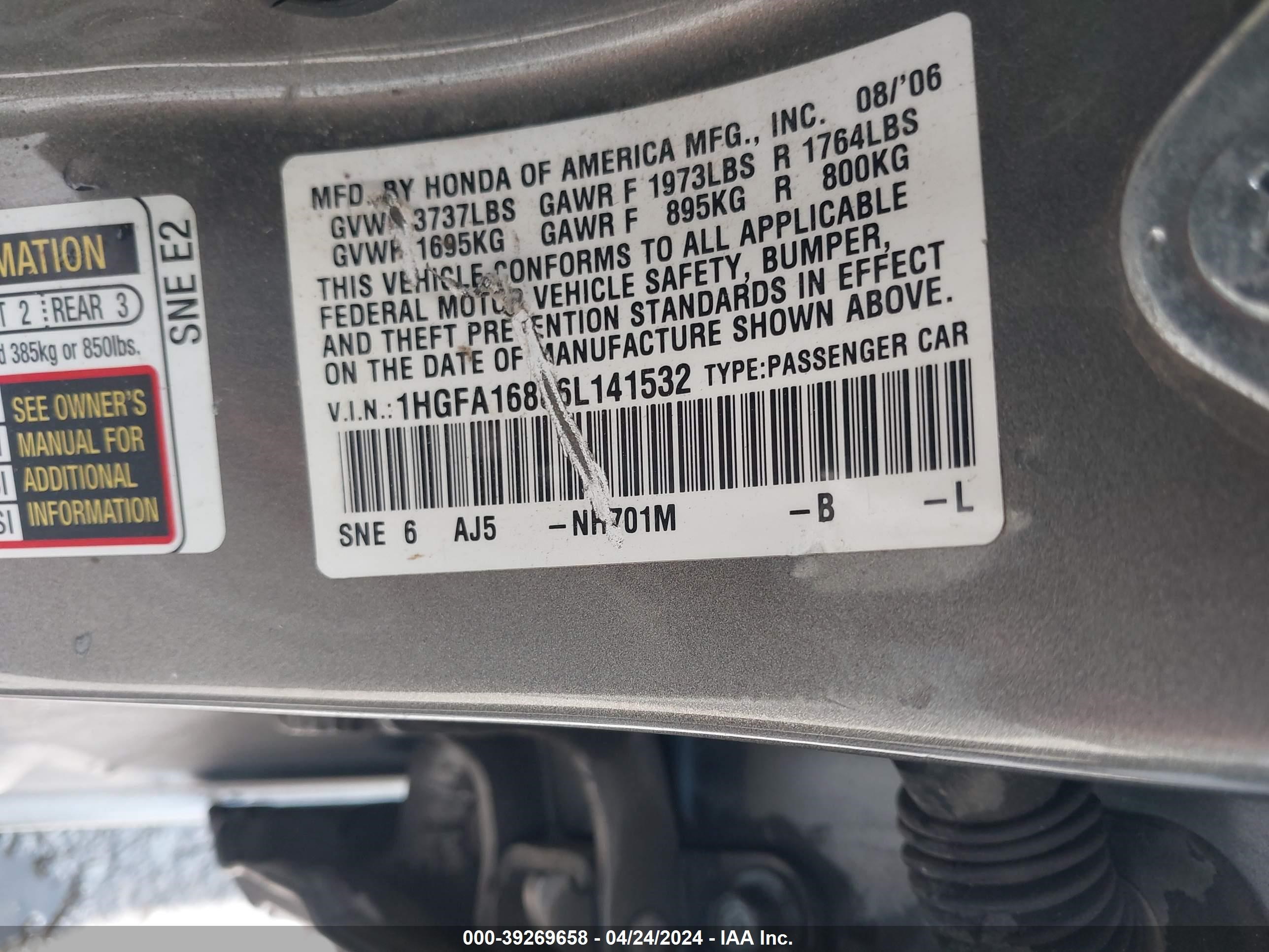 Photo 8 VIN: 1HGFA16886L141532 - HONDA CIVIC 