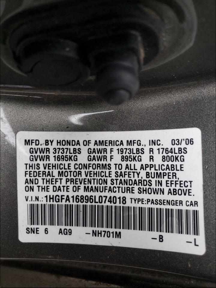 Photo 9 VIN: 1HGFA16896L074018 - HONDA CIVIC EX 