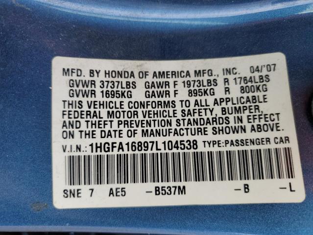 Photo 11 VIN: 1HGFA16897L104538 - HONDA CIVIC 