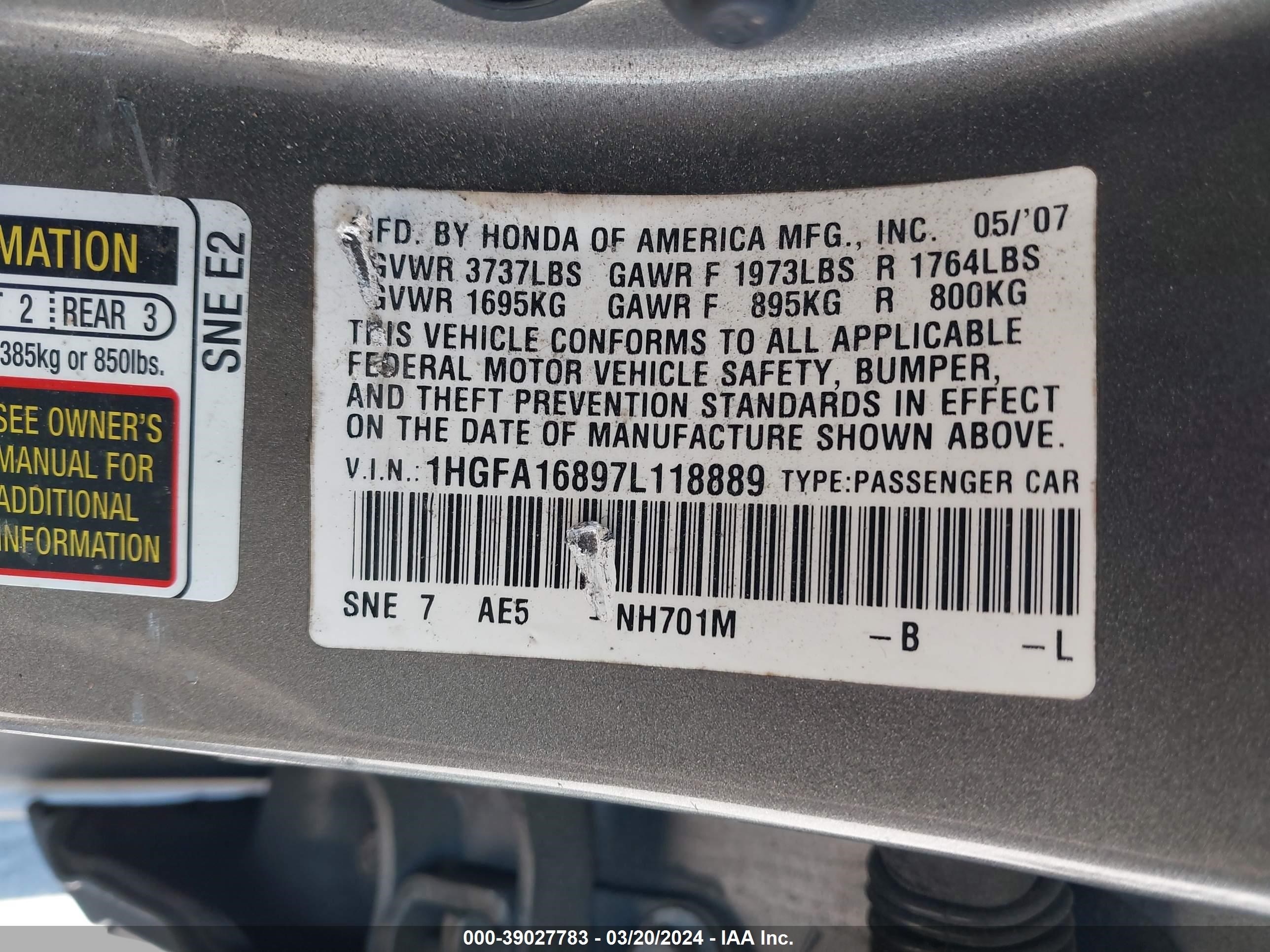 Photo 8 VIN: 1HGFA16897L118889 - HONDA CIVIC 