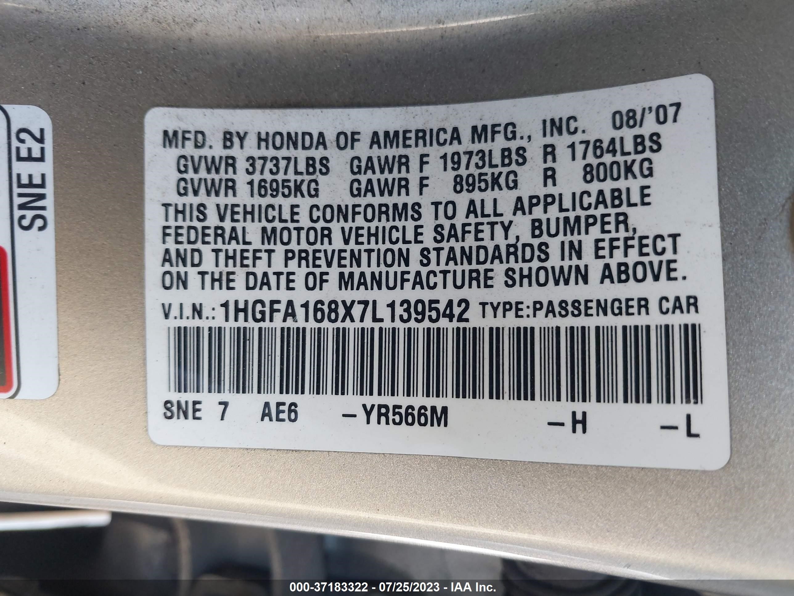 Photo 8 VIN: 1HGFA168X7L139542 - HONDA CIVIC 