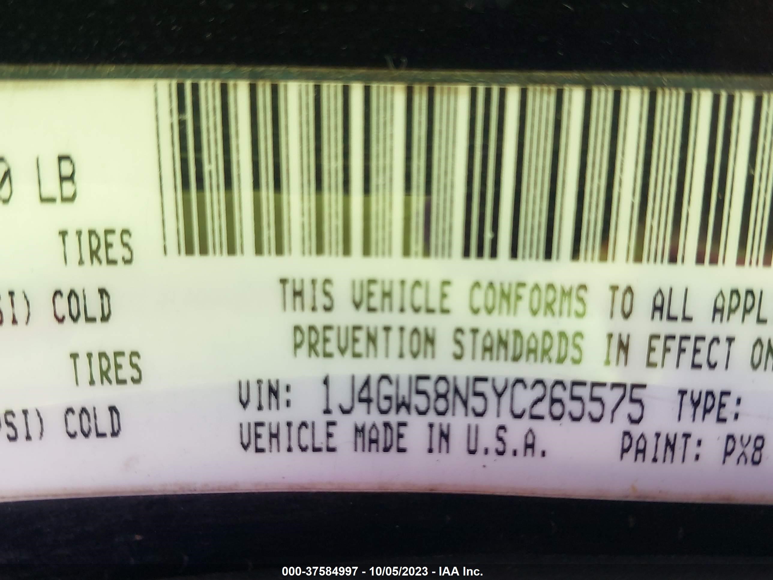 Photo 8 VIN: 1J4GW58N5YC265575 - JEEP GRAND CHEROKEE 