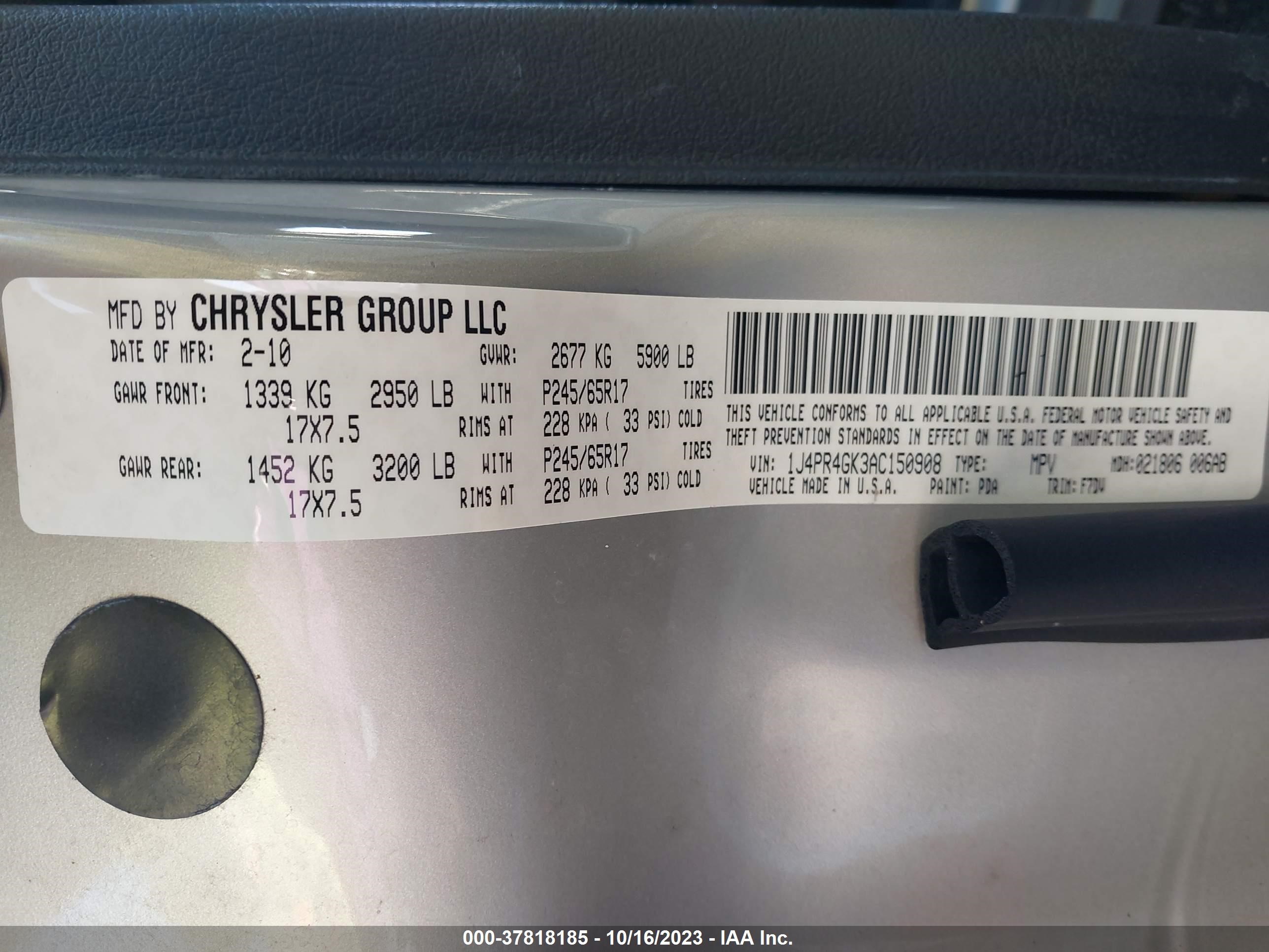 Photo 8 VIN: 1J4PR4GK3AC150908 - JEEP GRAND CHEROKEE 