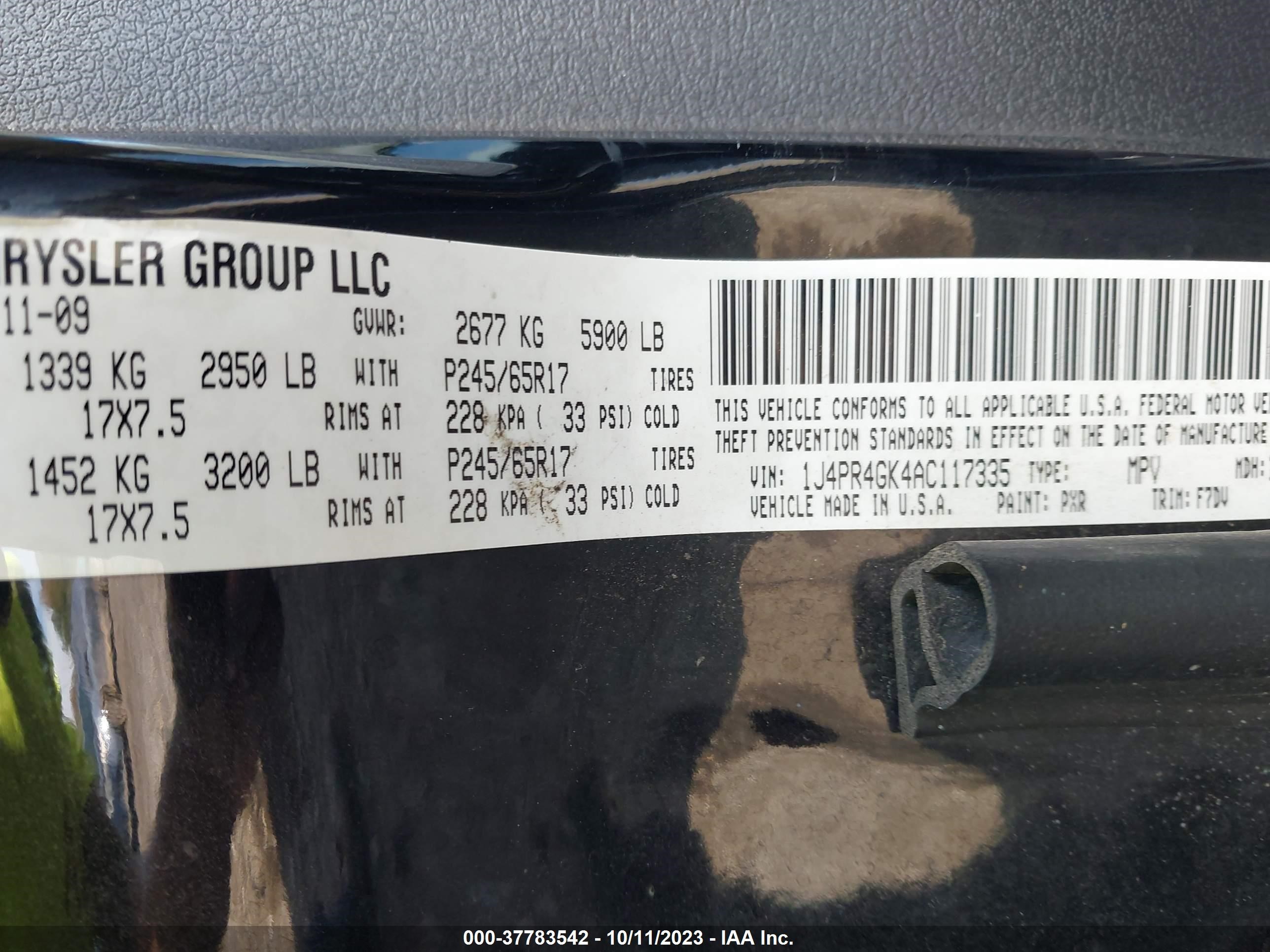 Photo 8 VIN: 1J4PR4GK4AC117335 - JEEP GRAND CHEROKEE 