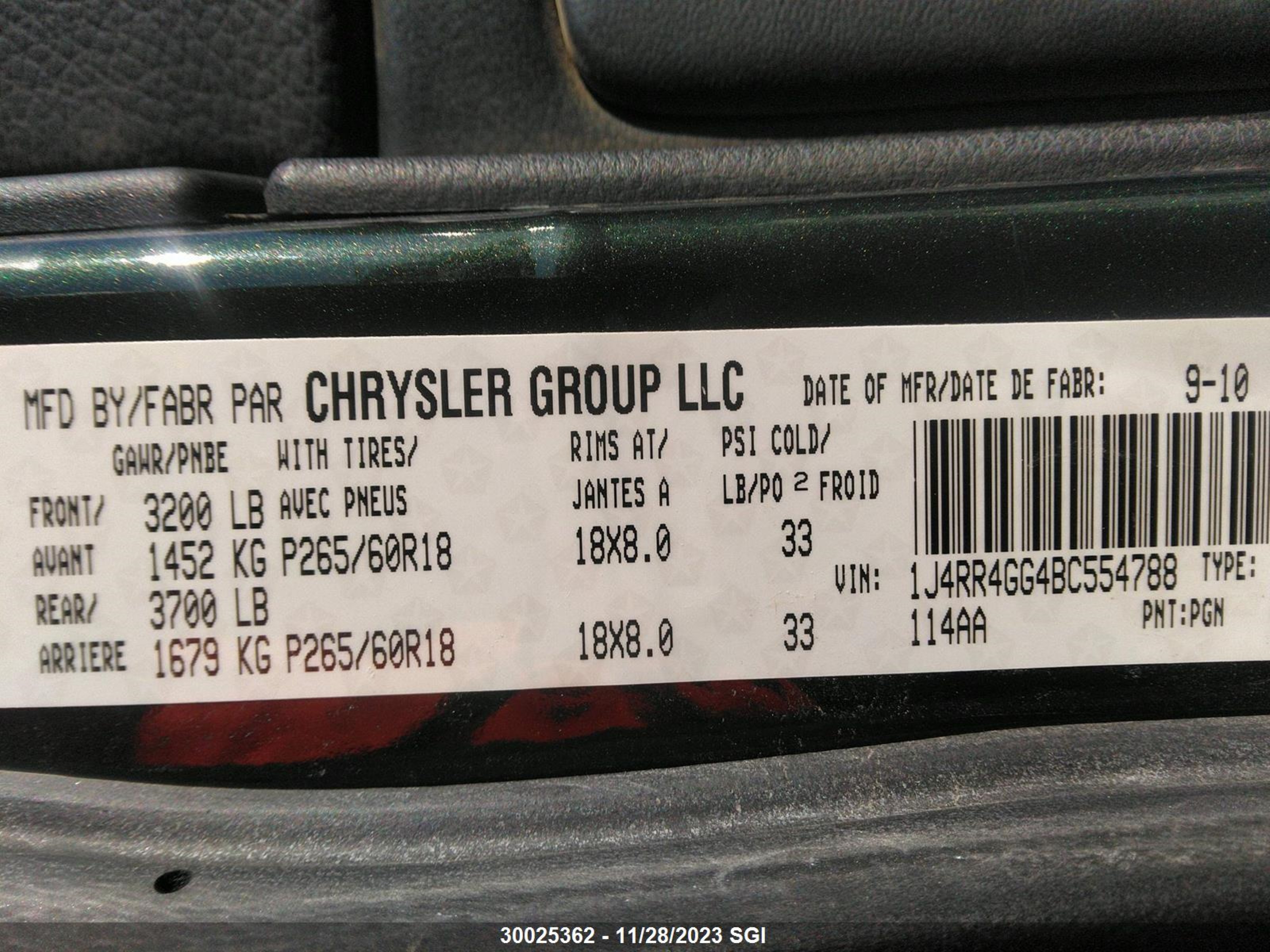 Photo 8 VIN: 1J4RR4GG4BC554788 - JEEP GRAND CHEROKEE 