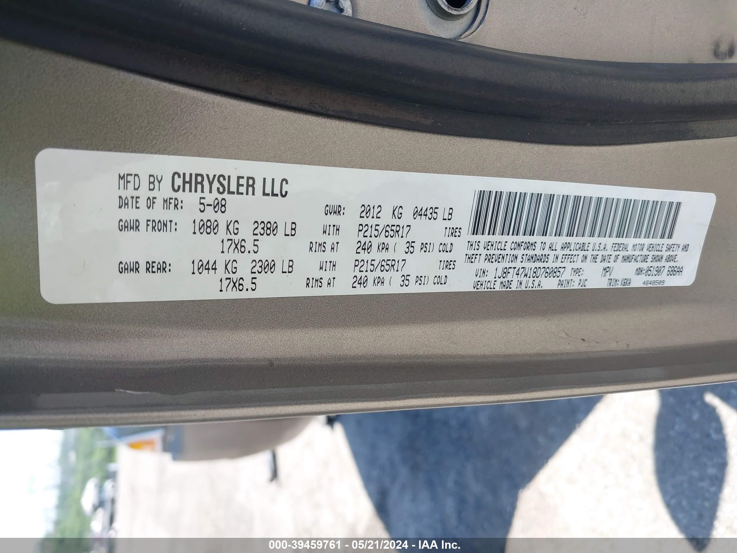 Photo 8 VIN: 1J8FT47W18D760857 - JEEP COMPASS 