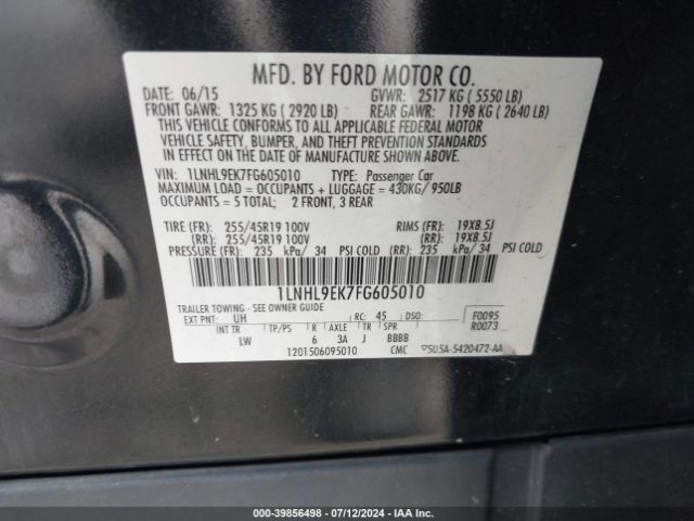 Photo 8 VIN: 1LNHL9EK7FG605010 - LINCOLN MKS 