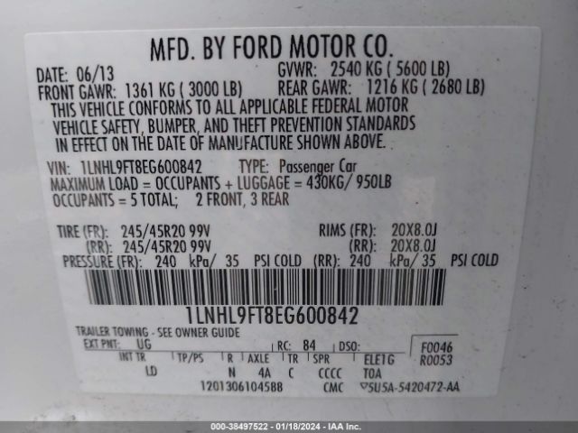 Photo 8 VIN: 1LNHL9FT8EG600842 - LINCOLN MKS 